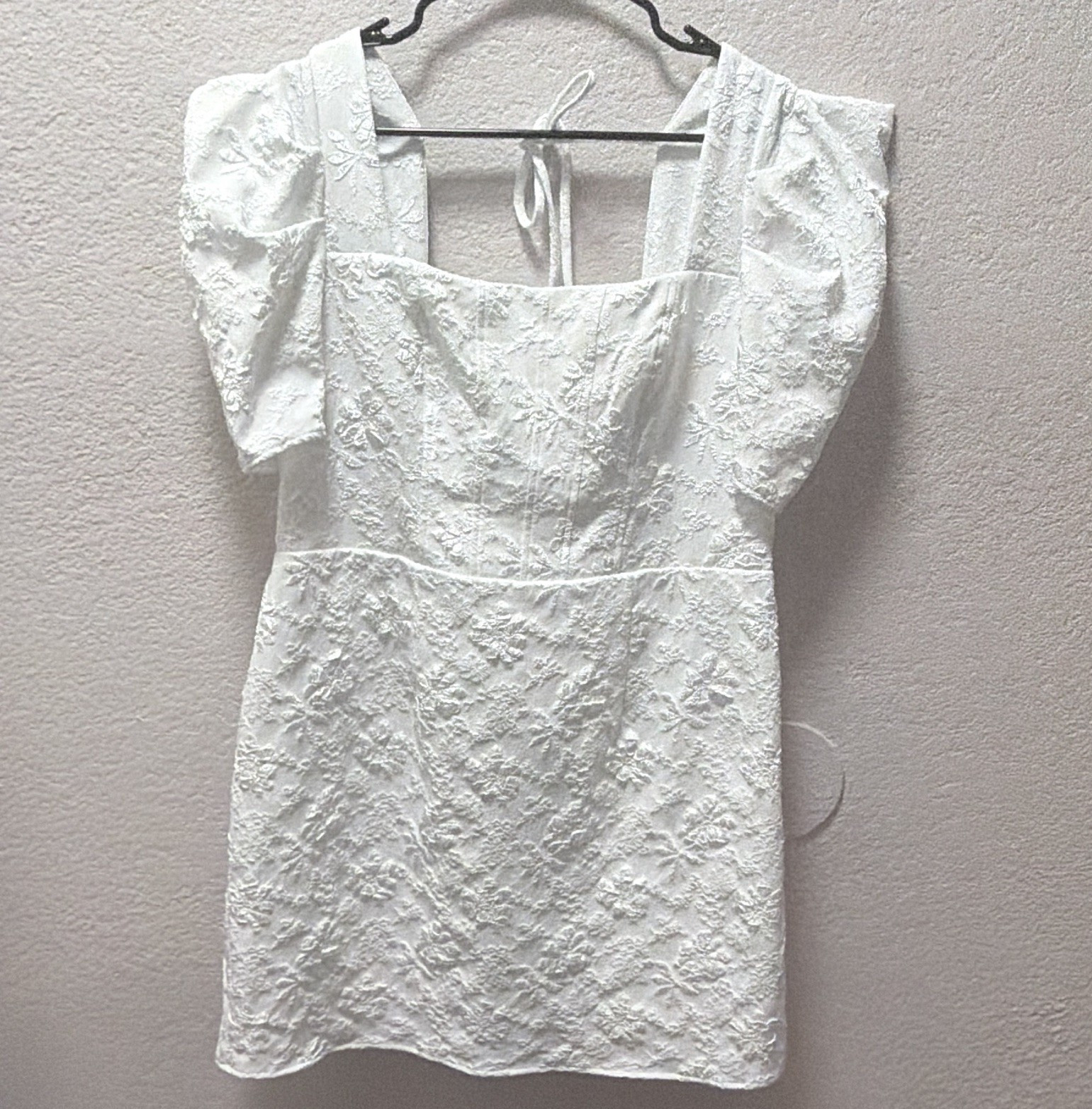 SHEIN Curve Women’s 1XL White Floral Lace Smocked Puff Sleeve Square Neck Mini