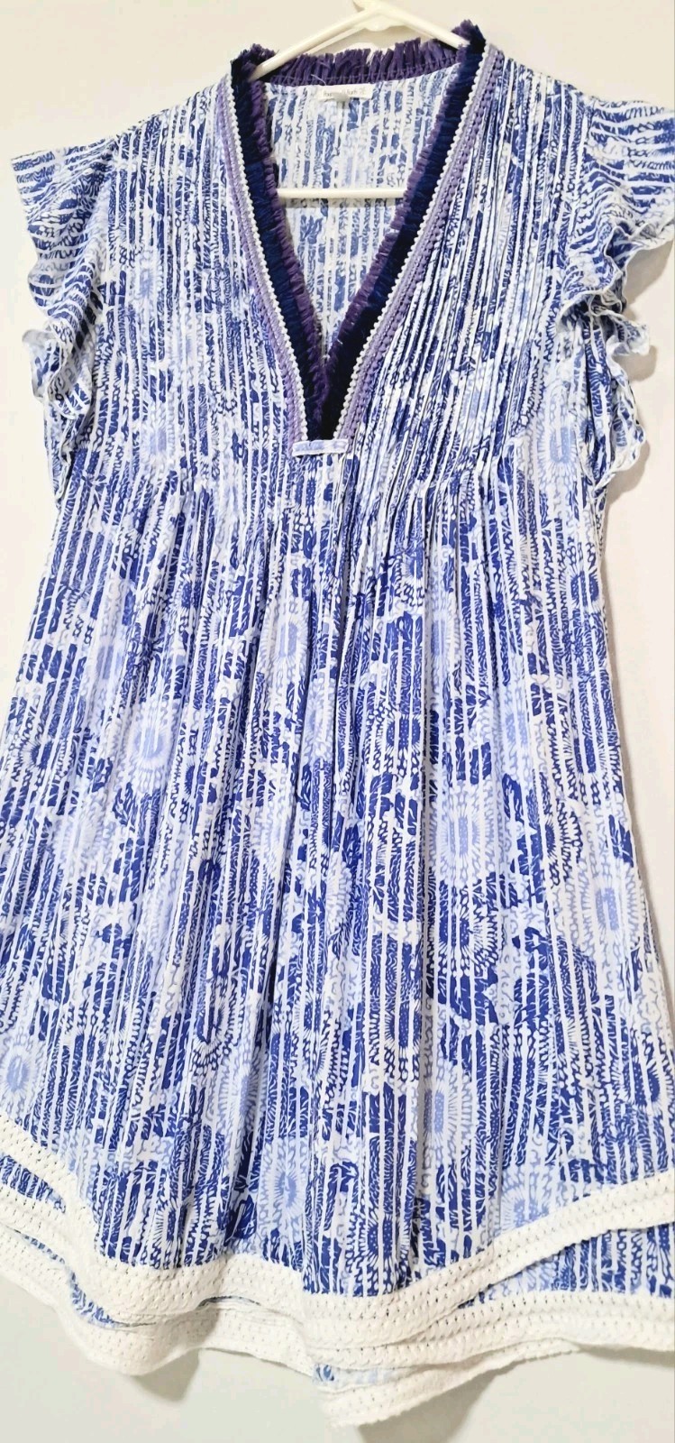 Poupette St Barth Blue White Lilac Floral Sasha Pleat Flutter Sleeve Dress XS