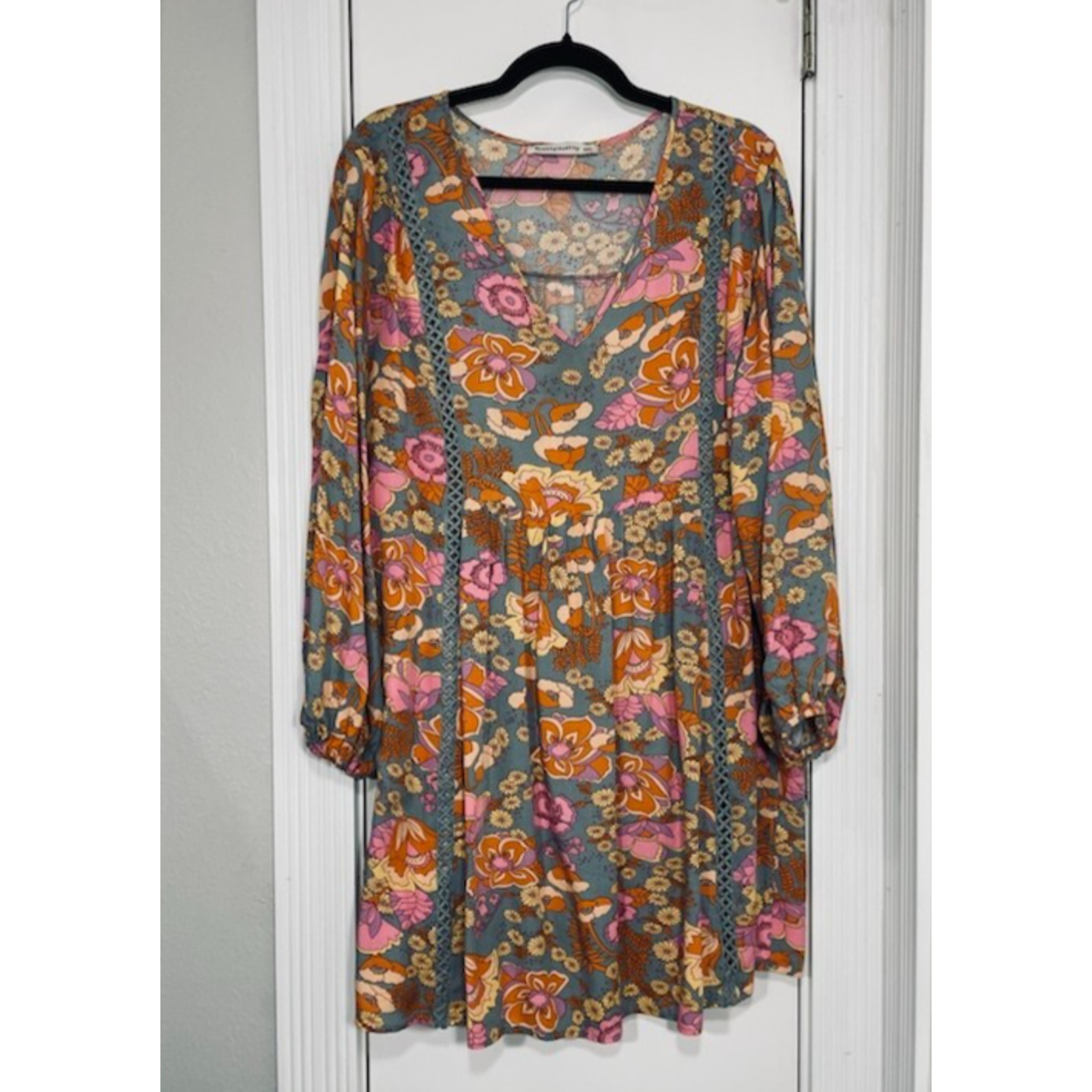 Rusttydustty Pink Orange Floral Tunic Mini Dress XL Babydoll Soft Grunge Cottage