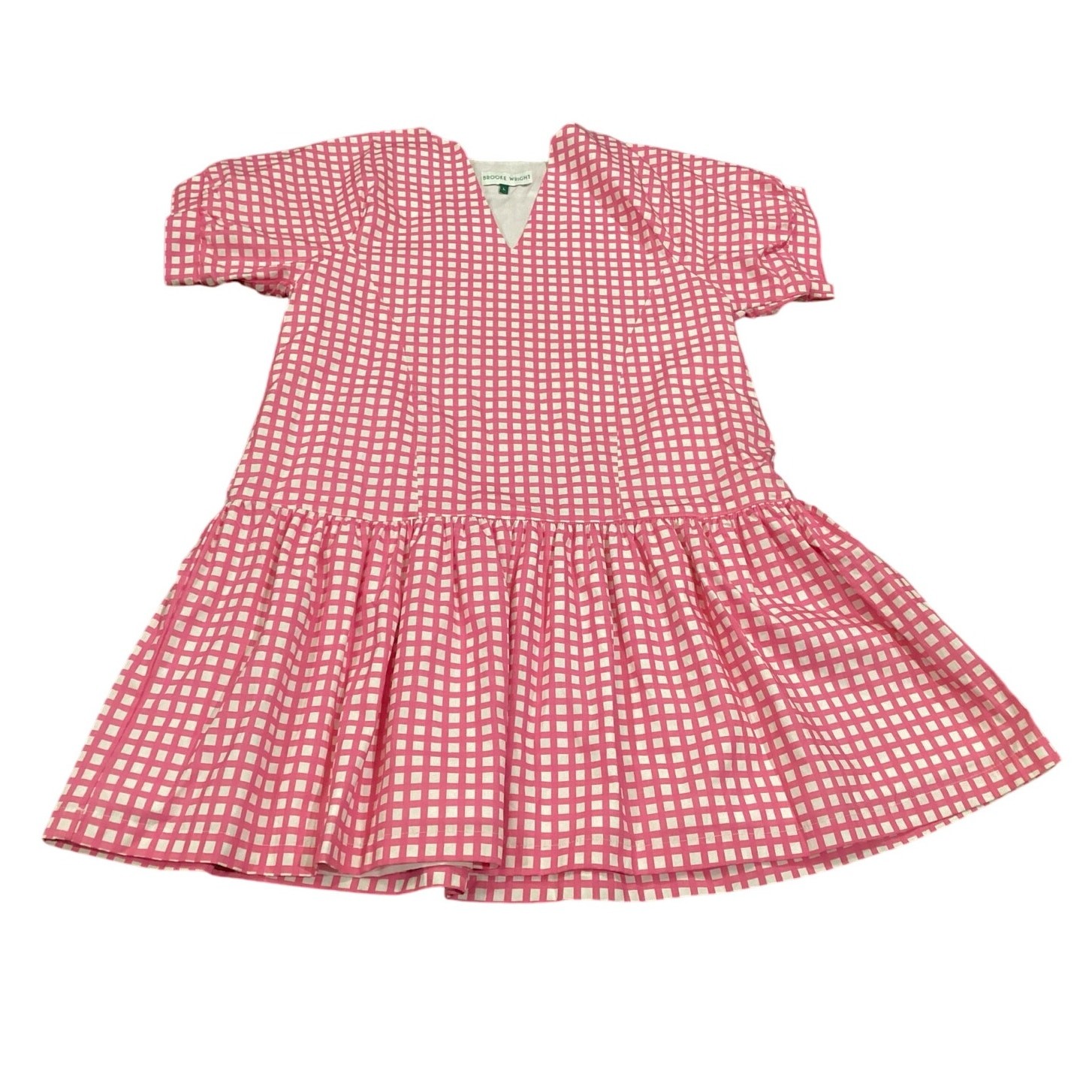 Brooke Wright lucy tiny pink check mini Dress Short Sleeve cotton linen ruffle L