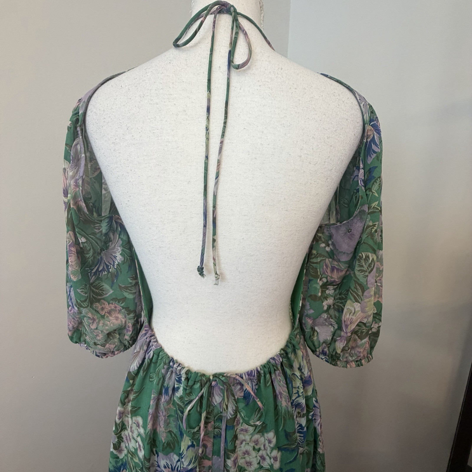 Olivaceous Green Floral Open Back Midi Dress Sz L Puff Sleeve Boho Wedding Guest