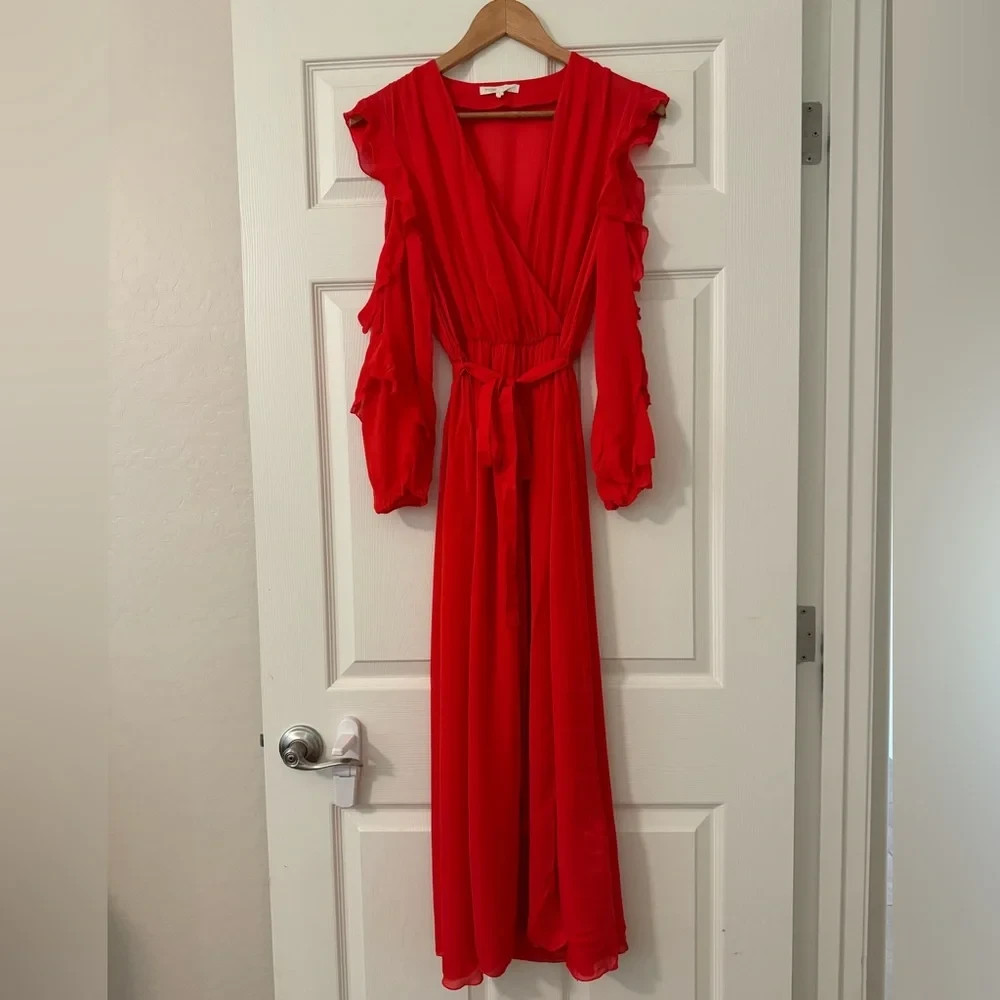 $515 Maje Red Ruffle Cold Shoulder Maxi Dress Size 1/Small