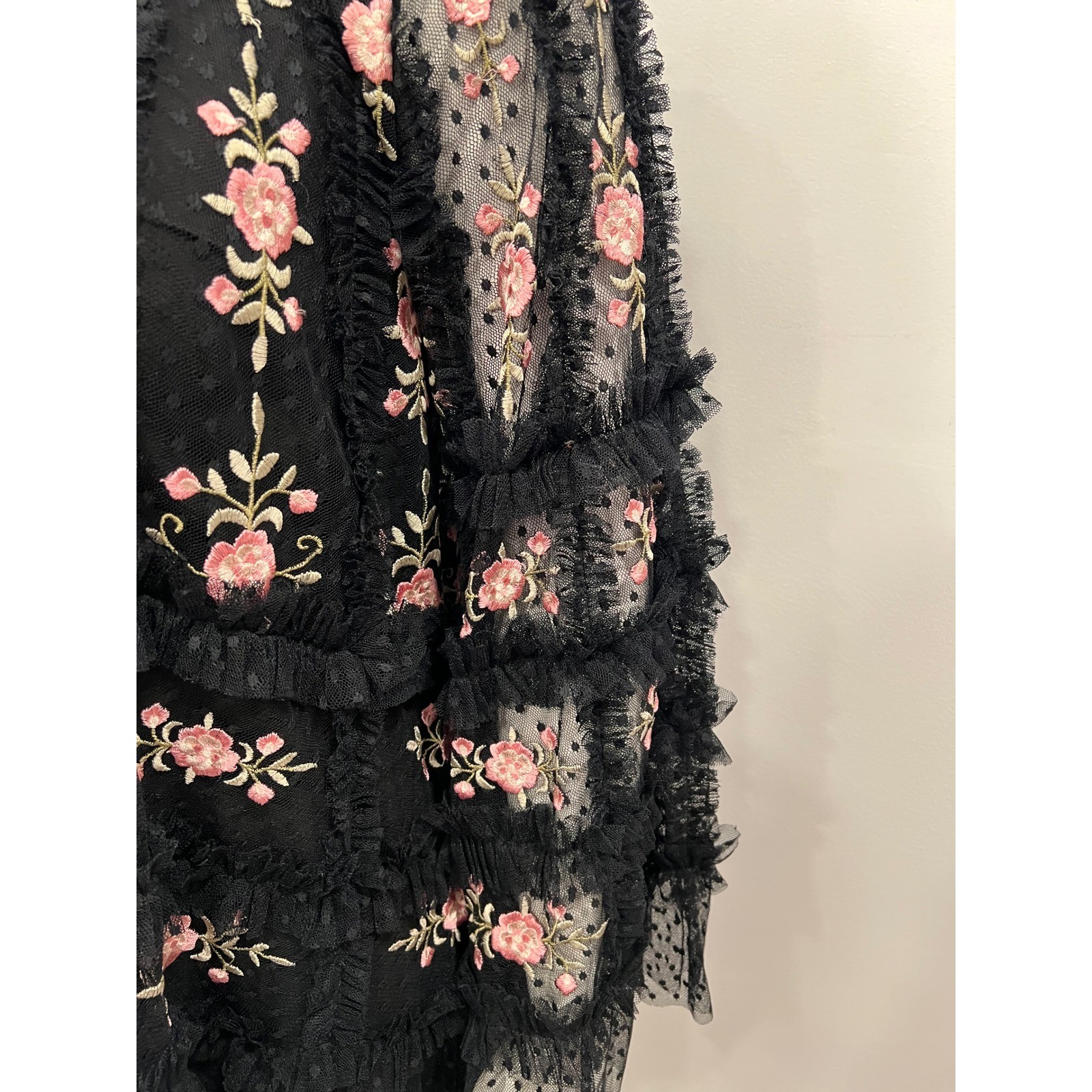 Mac Duggal Mini Dress Womens 8 Black Pink Floral Embroidered Tulle Tiered Ruffle