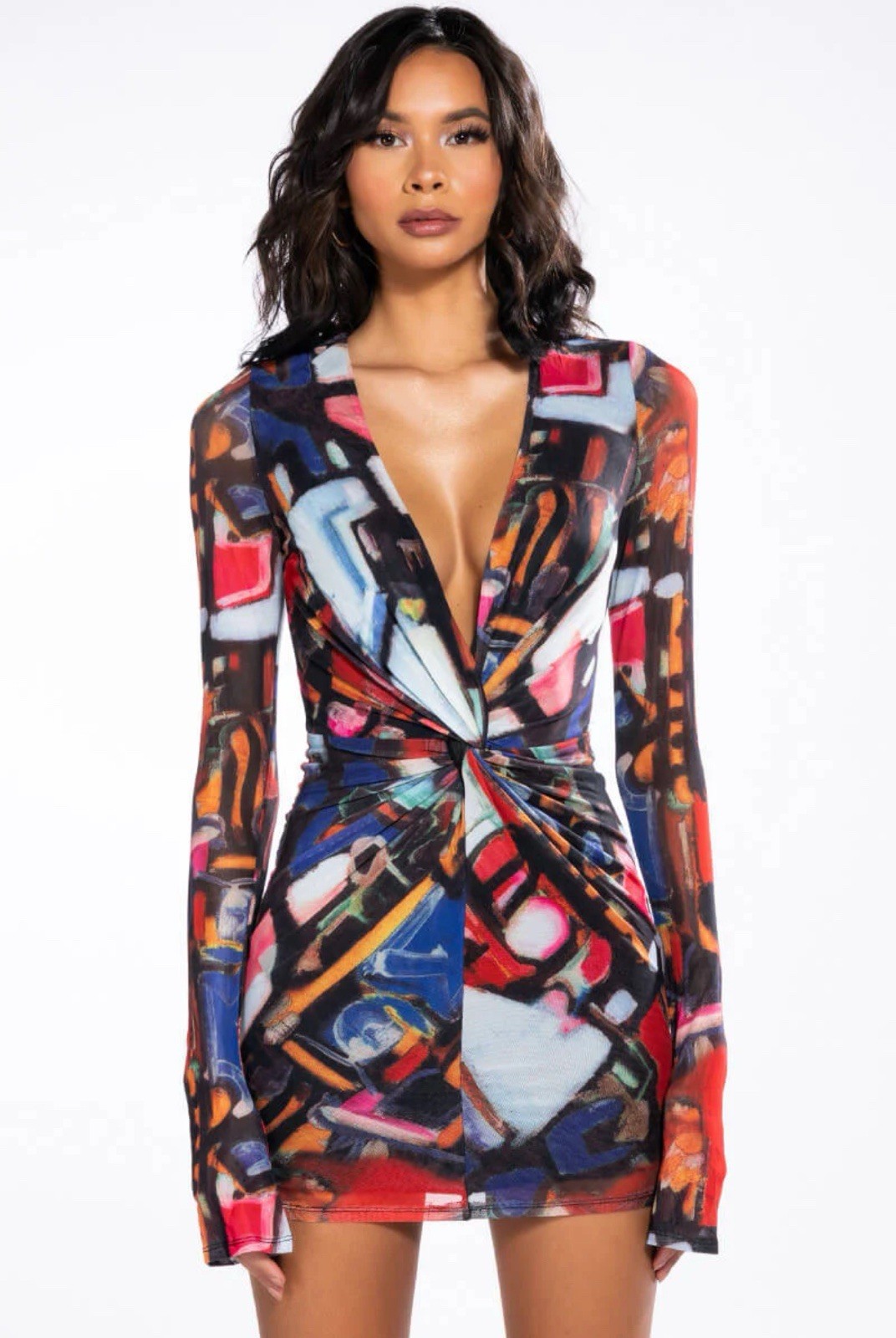 Akira On My Mind Abstract Colorful Plunge V-Neck Bodycon Mini Club Dress Size S