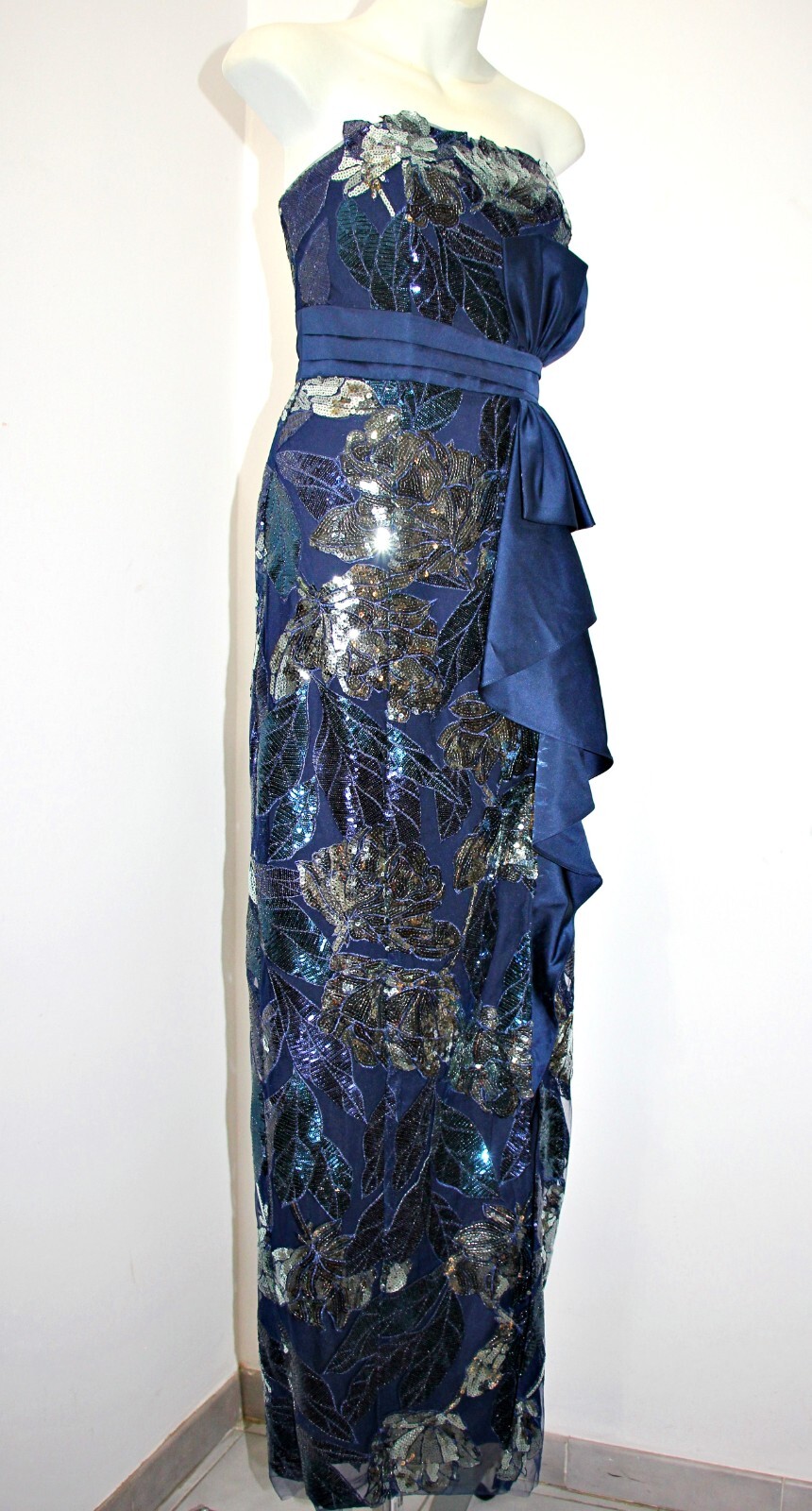 Marchesa Notte Navy & Silver Sequin Mikado Bow Gown With Deep Slit sz 6 $995