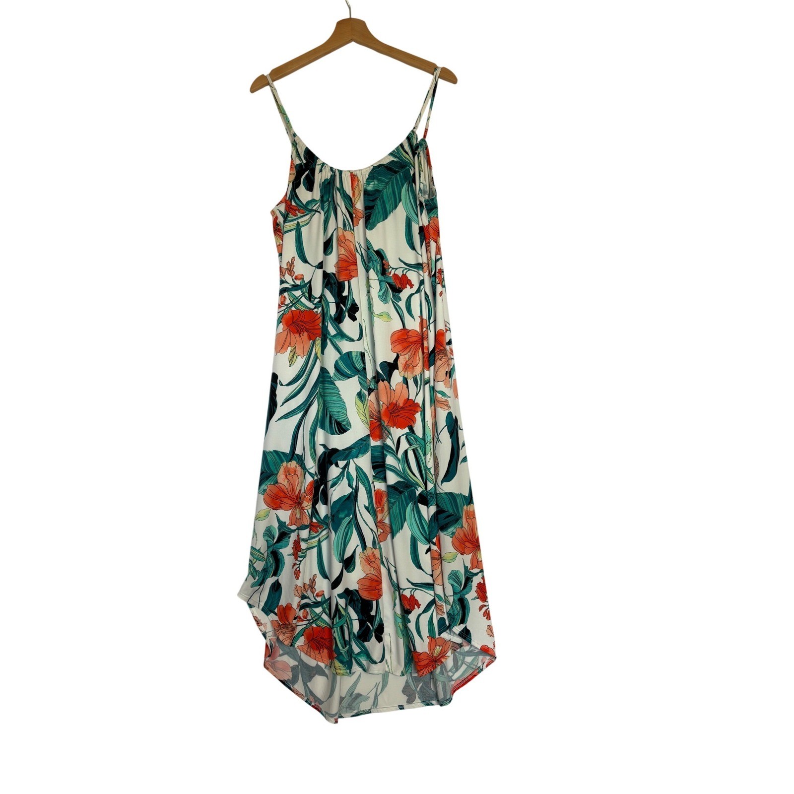 Lilac + London Tropical Floral Maxi Dress XL White Orange Green High Low Pockets