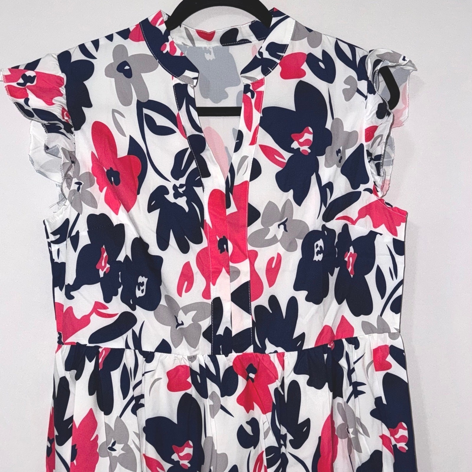 Womens Floral Print V-Neck Tiered Ruffle Mini Dress Navy Pink White Size M
