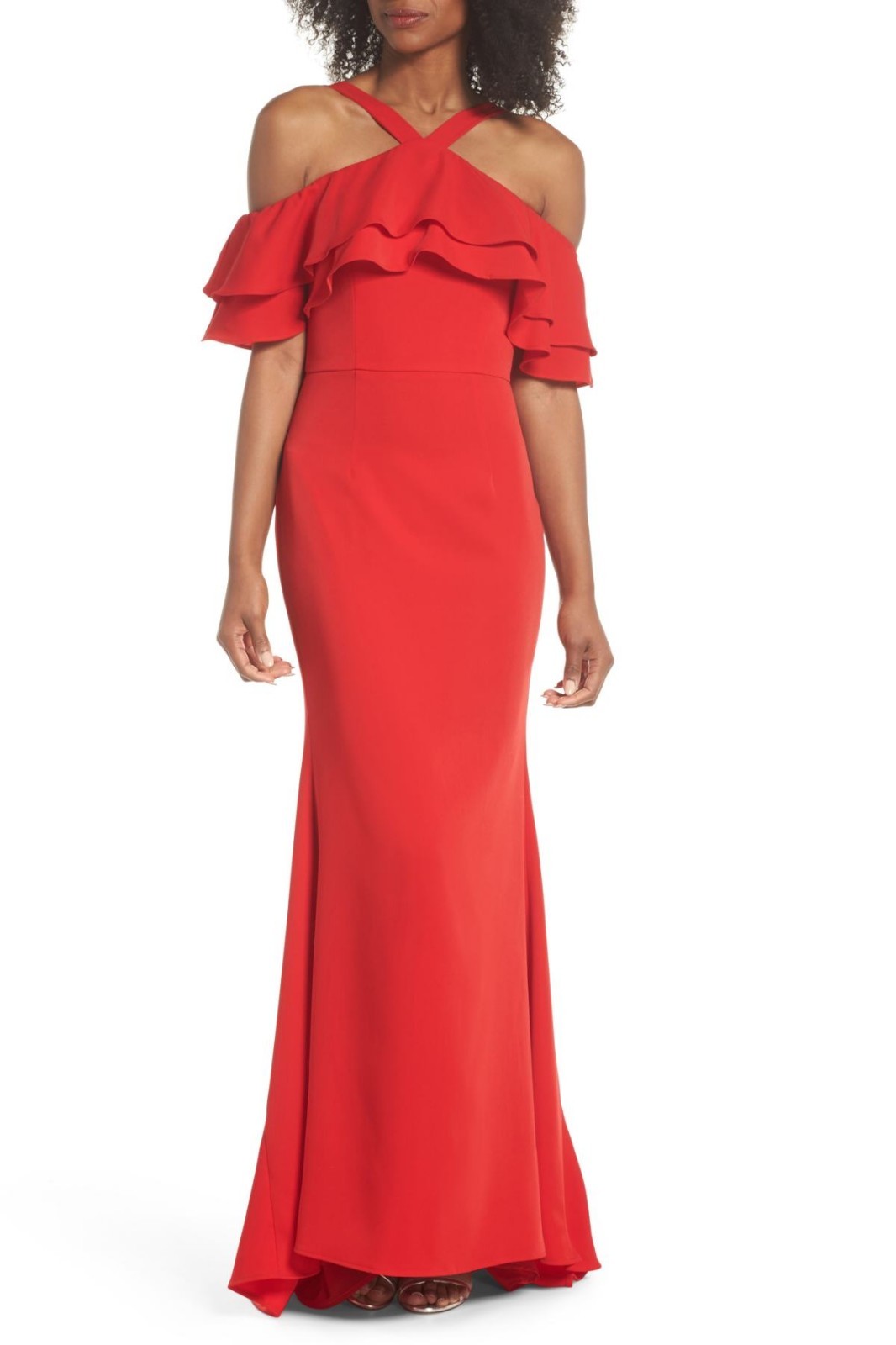 JARLO Red Ruffle Drape Overlay Halter Cold Shoulder Stretch Maxi Gown 2 = XS NEW