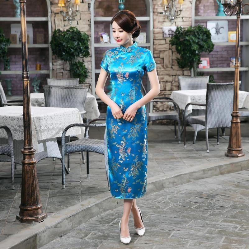 Dragon Phoenix Women’s Silk Satin Long Dress Cheongsam Qipao SZ S-6XL Sky Blue