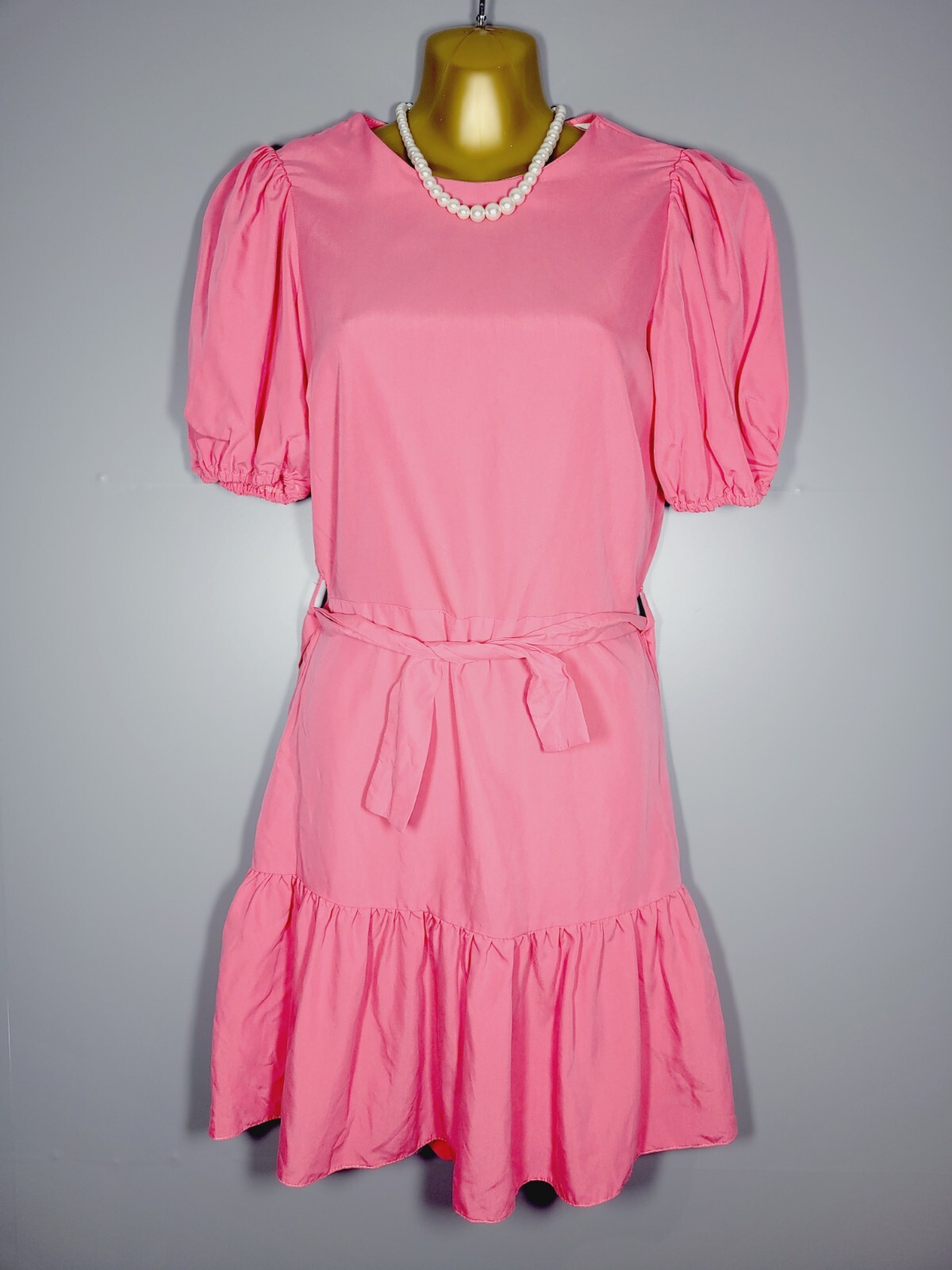 BNWT NEW MISS SELFRIDGE DRESS SIZE 8 CORAL PINK PUFF SLEEVE 34″ LONG BELTED AC50