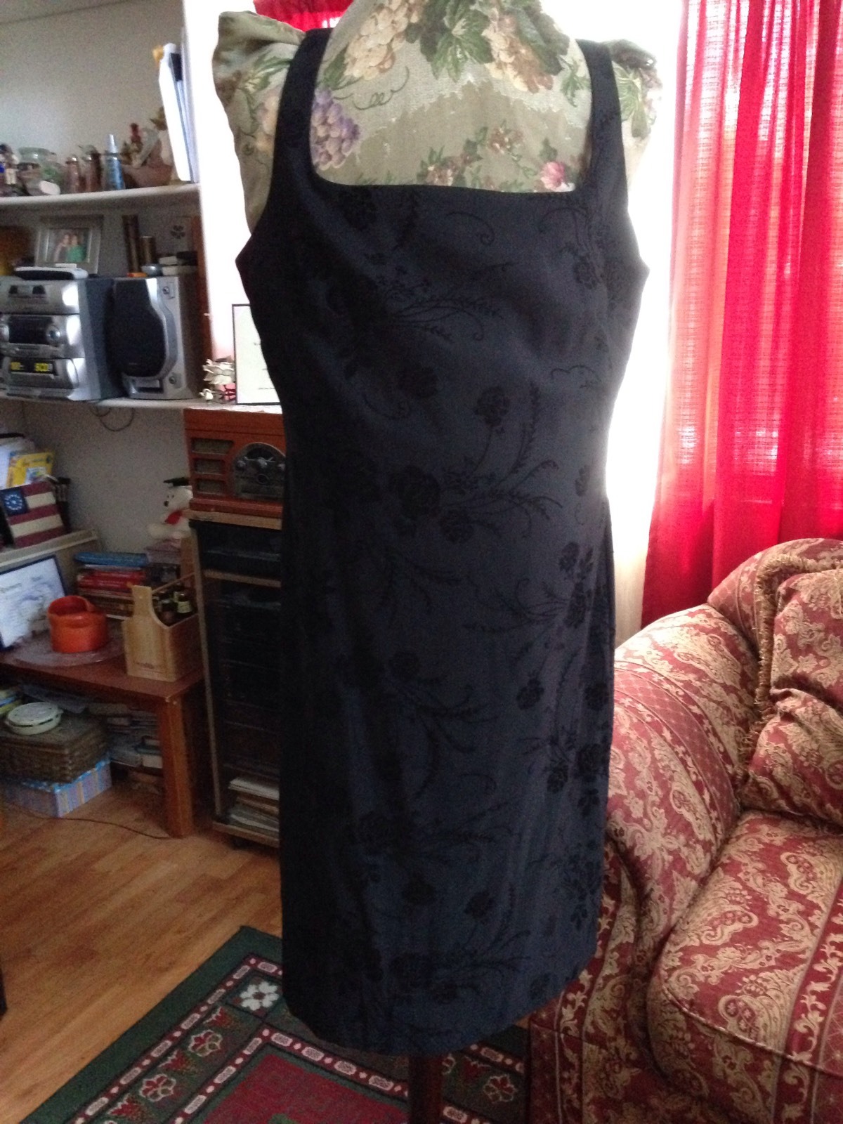 CDC Little Black Dress, Size 14 with Velour Floral Pattern. 97% poly/3% spandex
