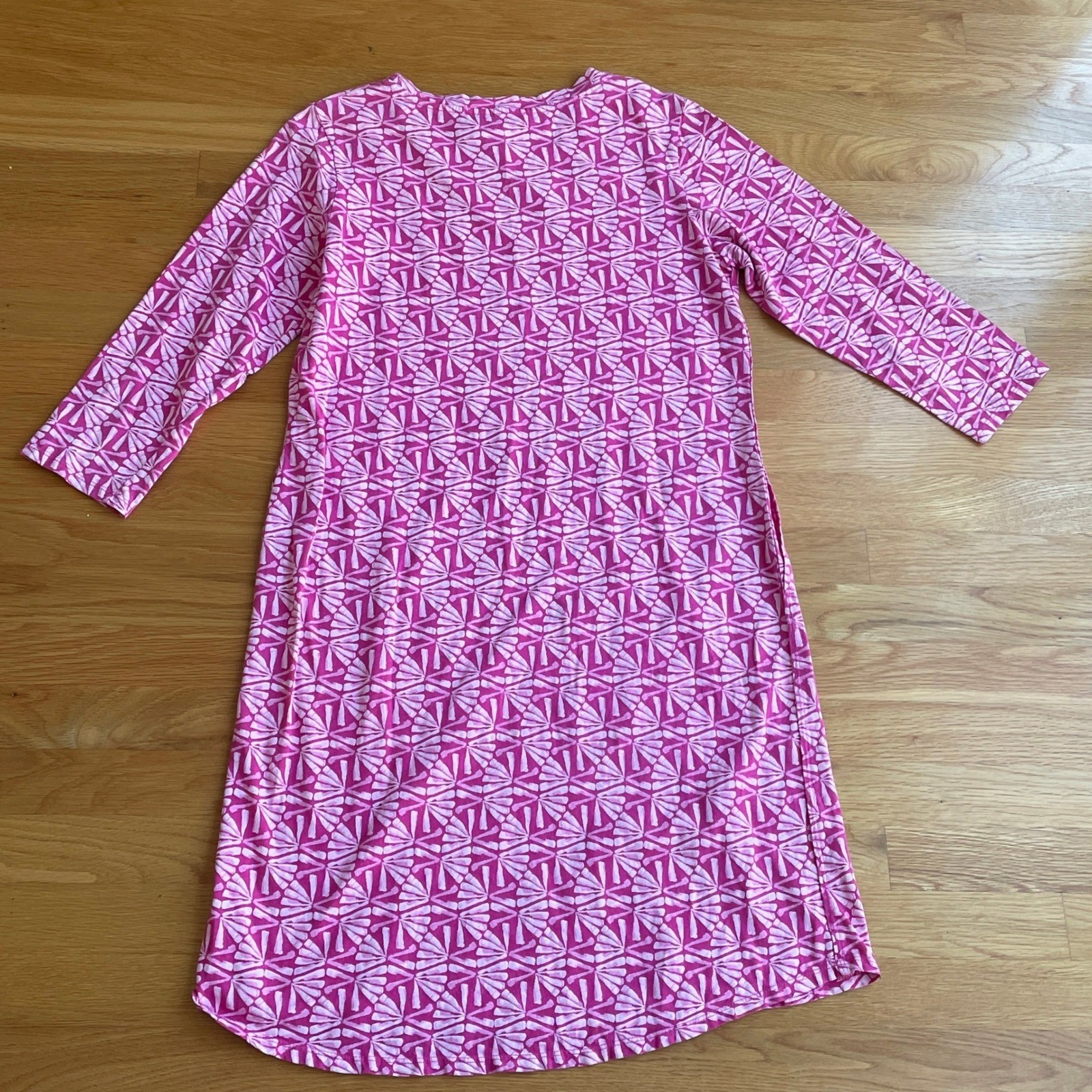 Fresh Produce Pink Geometric Fan Print 3/4 Sleeve Cotton Shift Dress Pockets S/M
