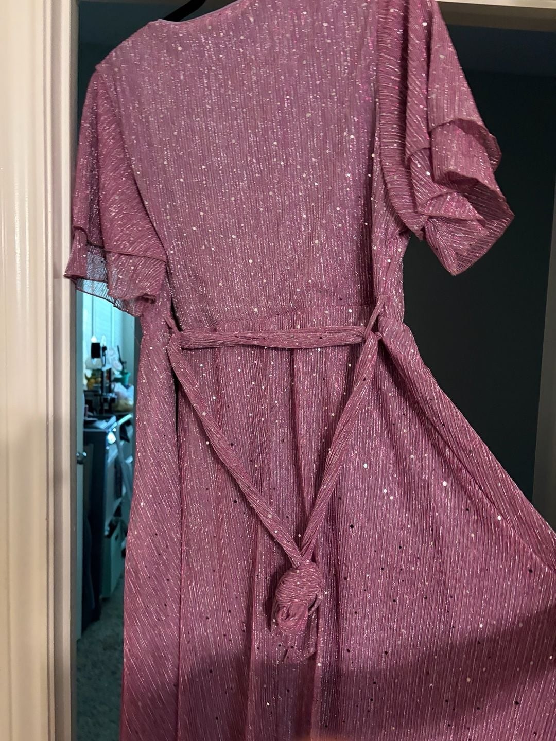 BloomChic V-Neck Metallic Pleated Ruffle Sleeve Maxi Dress