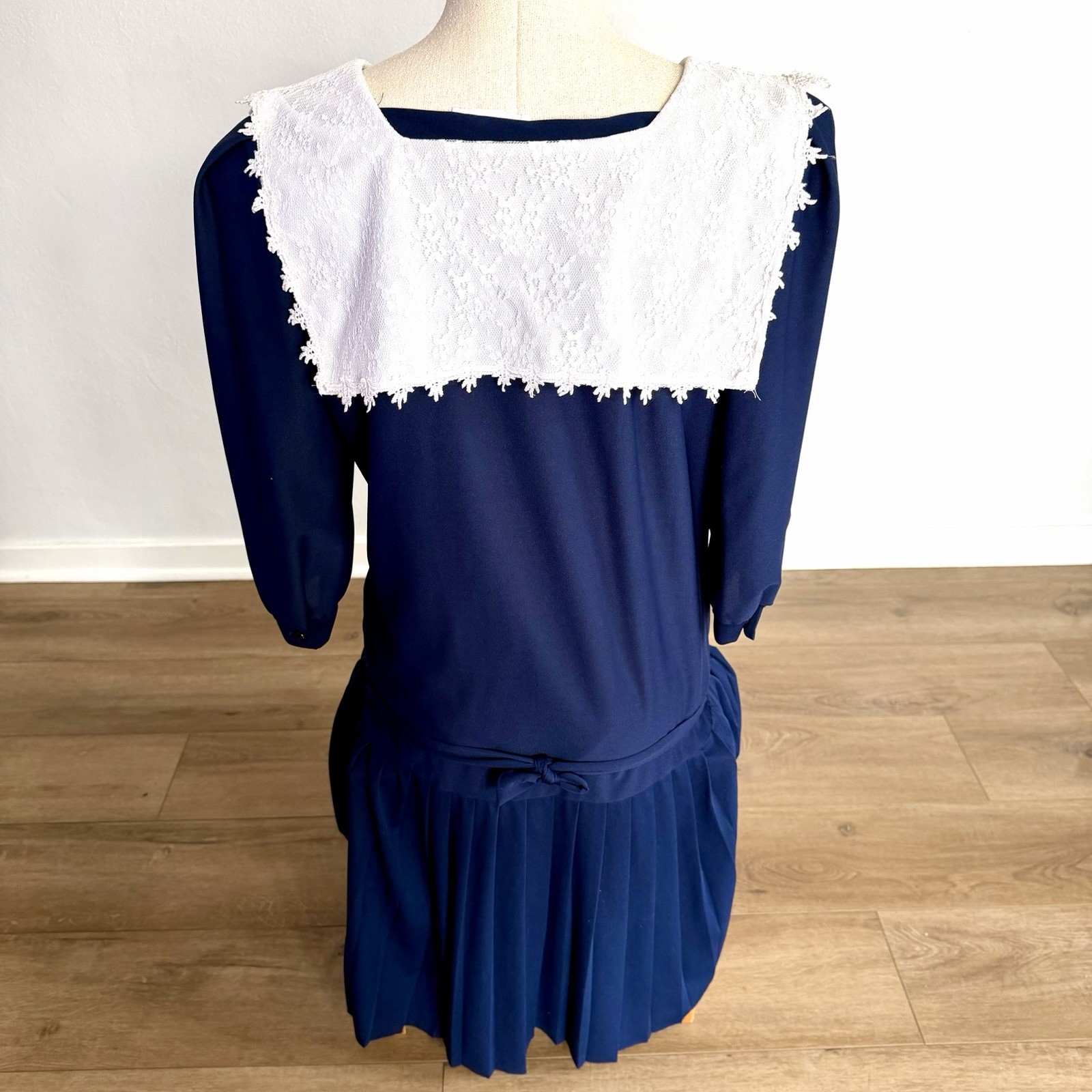 Vintage 90s Lace Sailor Collar Midi Dress Navy Drop Waist Pleated USA Made Sz 11