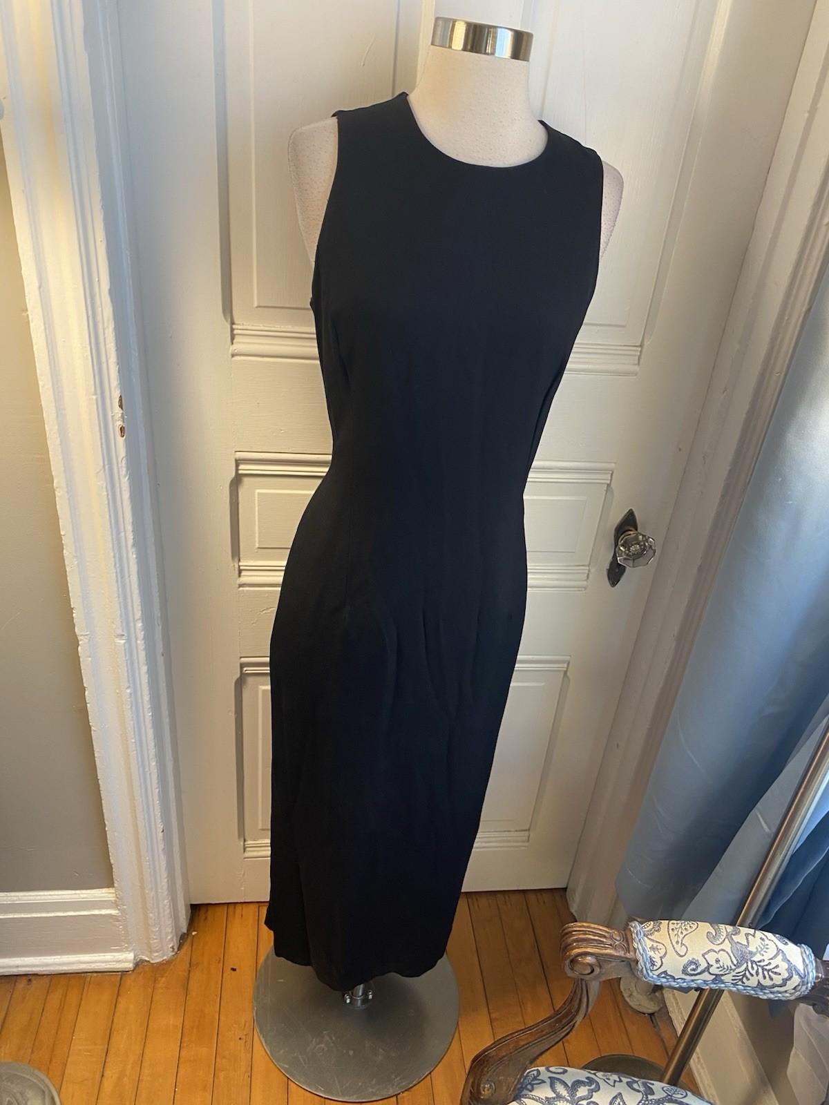 JR NITES BY CALIENDO LONG BLACK SHEATH DRESS-OPEN BACK RIBBON CLOSURE-SIZE12!