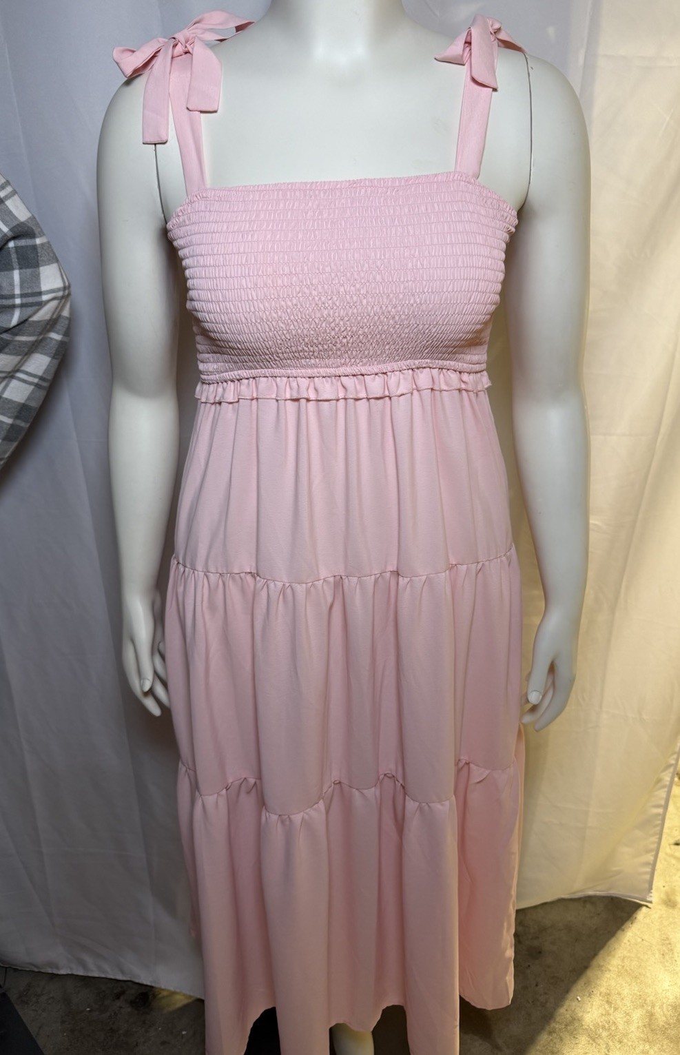 Mi Ami Womens L Pink Smocked Tie Strap Tiered Maxi Dress Boho Summer Beach