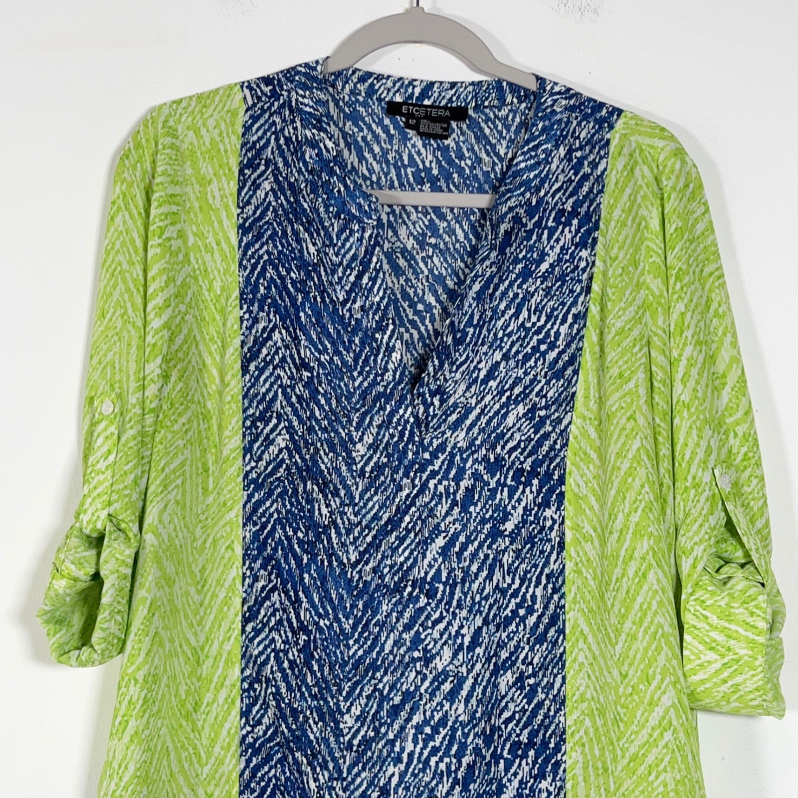 Etcetera V-Neck Roll Tab Shift Dress Womens Sz 12 Blue Green Colorblock