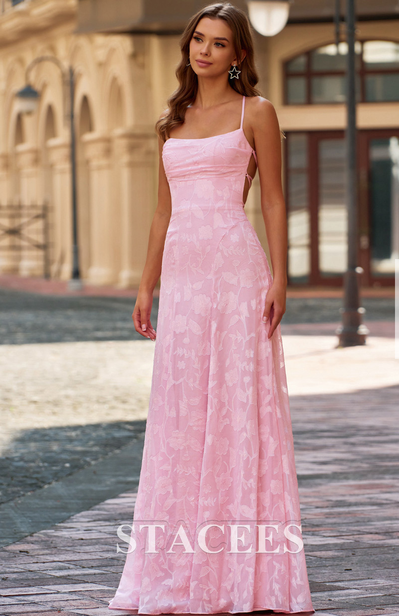 Stacees Floral Jacquard A-Line Maxi Prom Dress w/LaceUp Xcross Back, Size 4