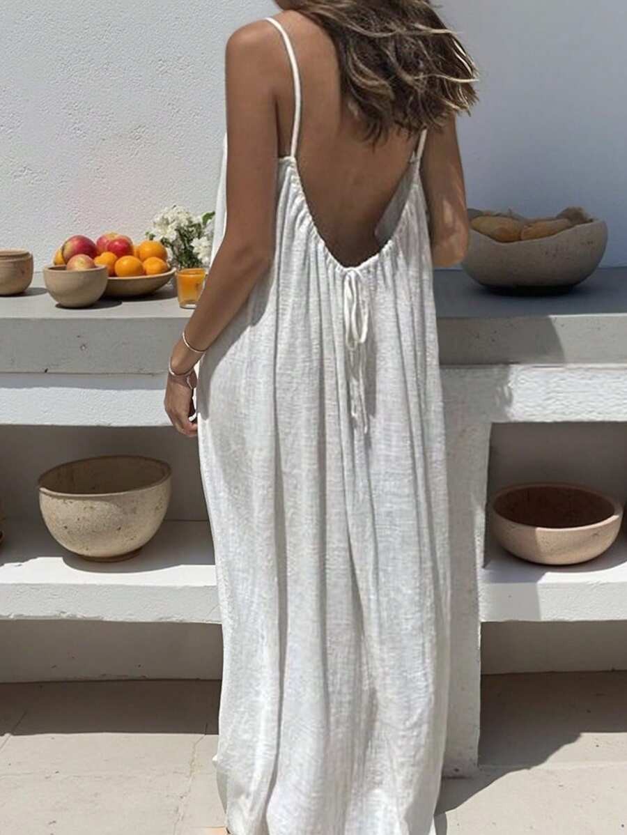 Spaghetti Strap Dress Side Pockets Backless Slit Hem Casual Cami Maxi Long