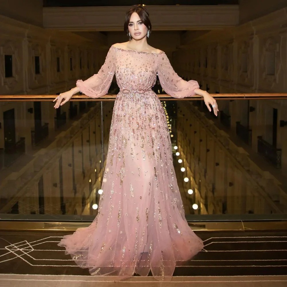 Luxury Pink Round Neck A-line Evening Dress Long Sleeve Tulle Prom Ball Gown
