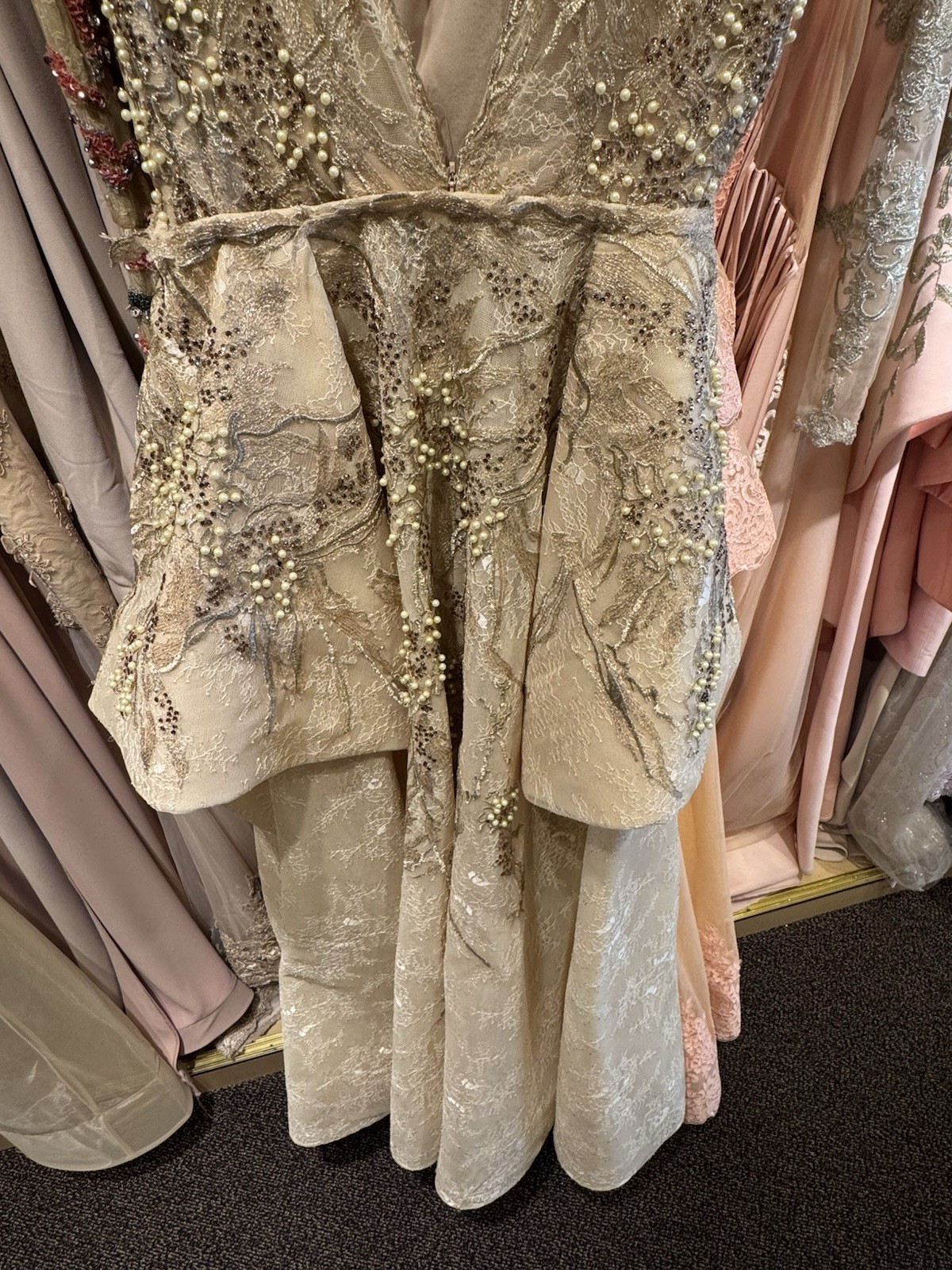 Saiid Kobeisy Gold Ivory Pearl Beaded Lace Peplum Evening Gown Size 46 US 14