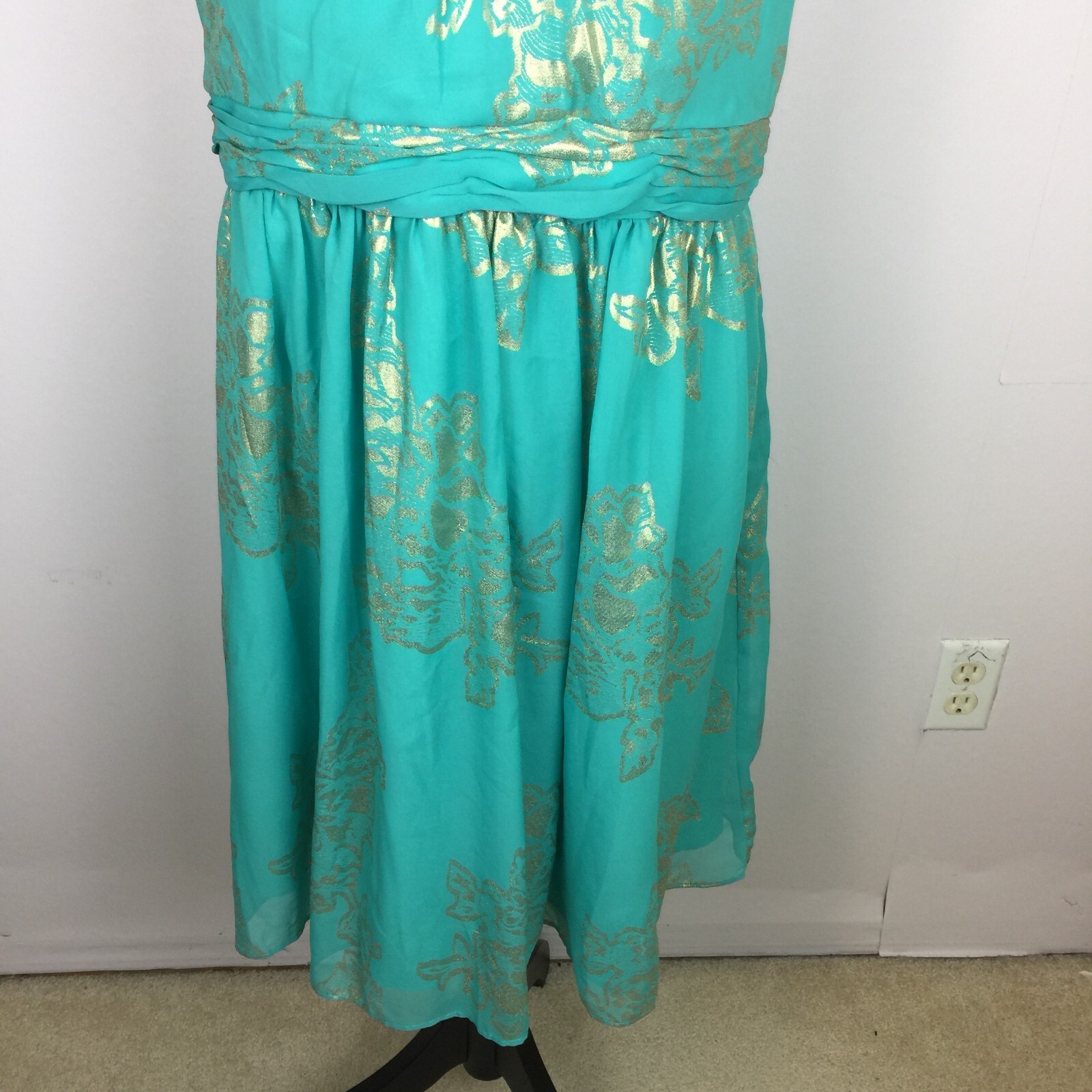 NWT Robbie Bee Evening Cocktail Halter A-Line Dress Sz 14 Woman Blue Gold Floral