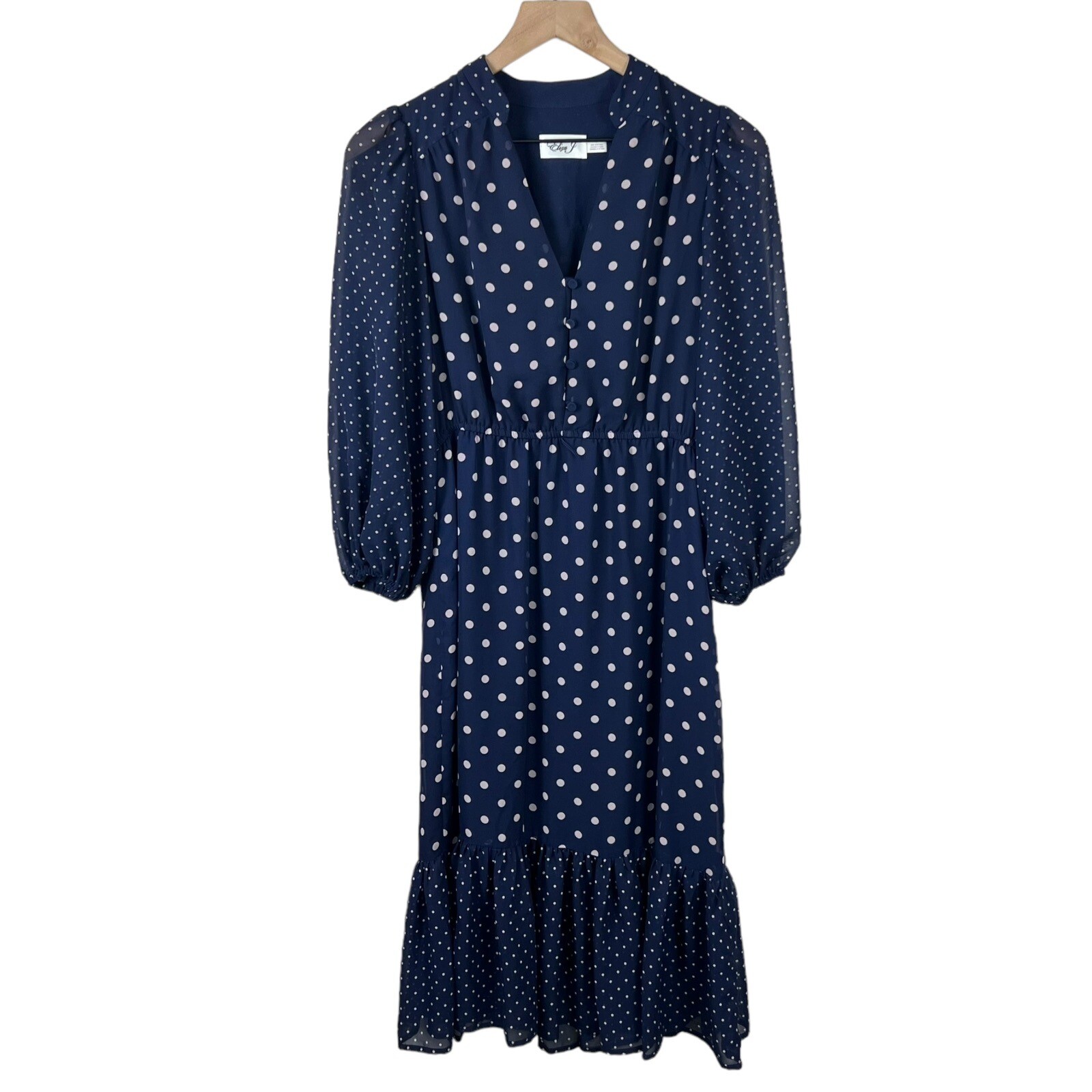 Eliza J Blue Pink Polka Dot Chiffon 3/4 Puff Sleeve V Neck Ruffle Bottom Dress 4