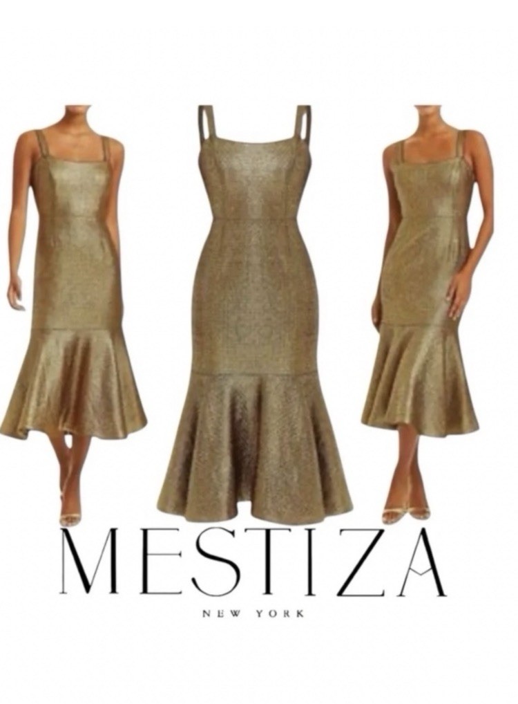 MESTIZA Jody Gold Metallic Tweed Square Neck Flutter Hem Midi Dress Sz 4 NWT