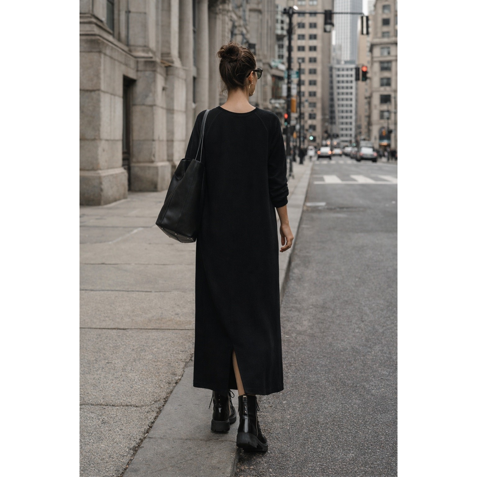 Black Minimalist Maxi Dress Soft Knit Raglan Sleeve Sweatshirt Size XL Oversized