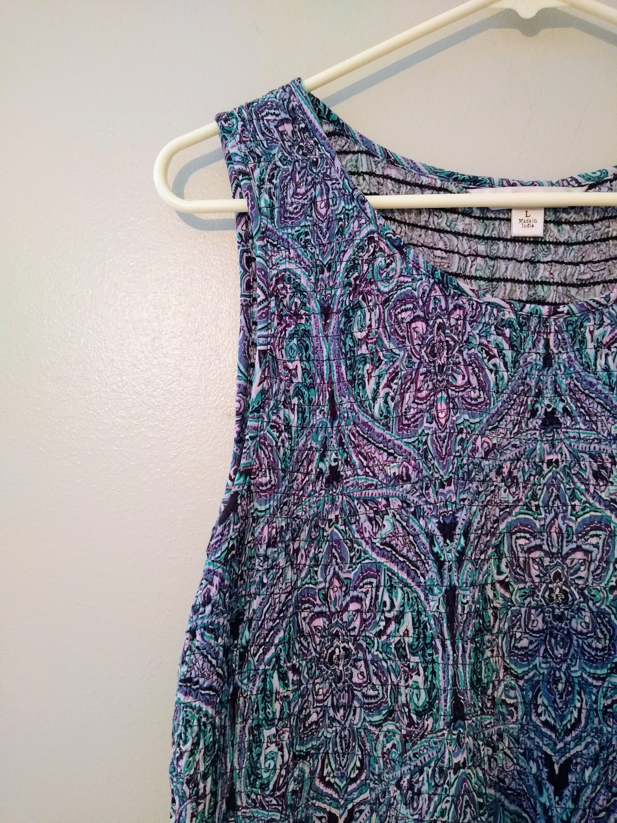 Croft & Barrow Midi Sundress L Blue Purple Paisley SmockingScoop Neck Flowy Boho