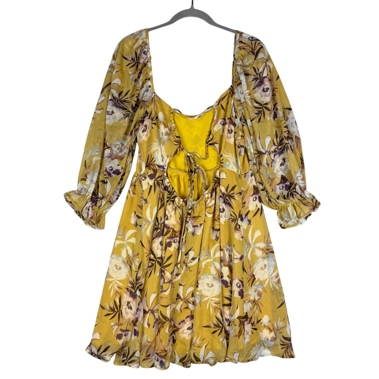 By Together Dress Womens Large Yellow Floral Long Sleeve Cutout Sundress Boho