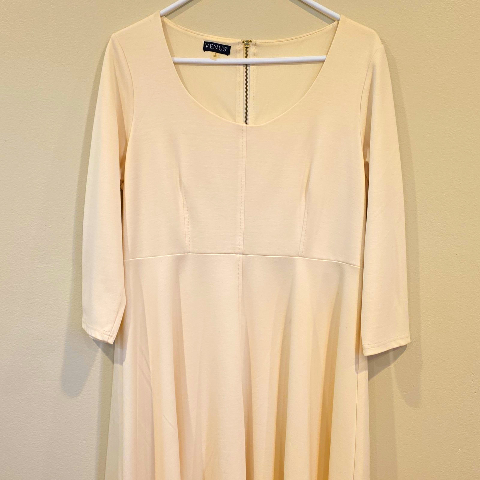 VENUS Ivory Solid Scoop Neck 3/4 Sleeve Fit & Flare Dress M Knee Zip