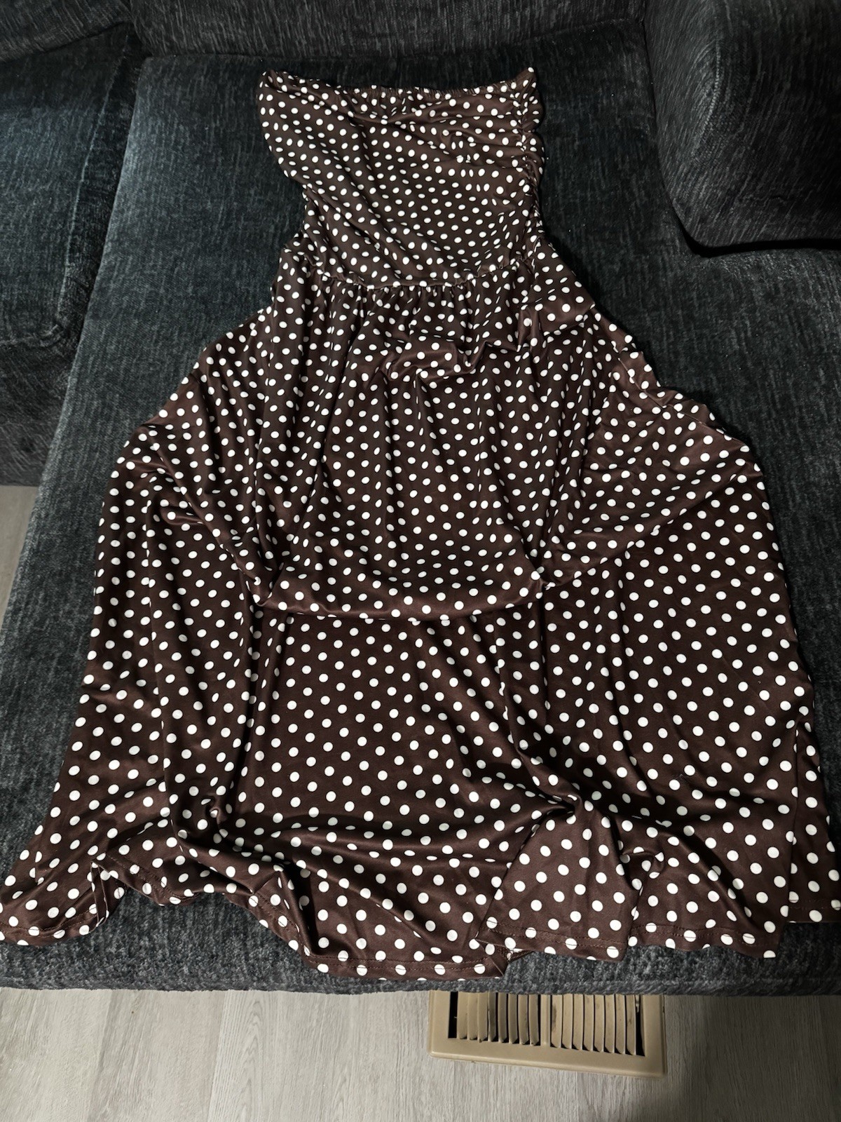 Brown/White Polka Dot Strapless Smocked Maxi Dress Long Size L Chiffon