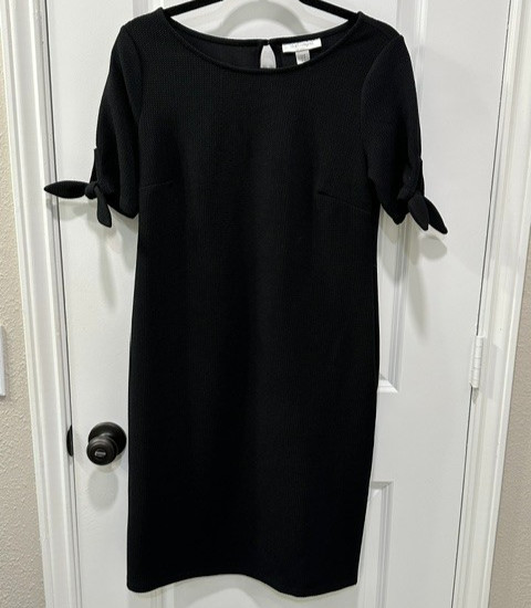 Motherhood Maternity Black Texted Sheath Dress Size M Tie Sleeve Stretch Knit