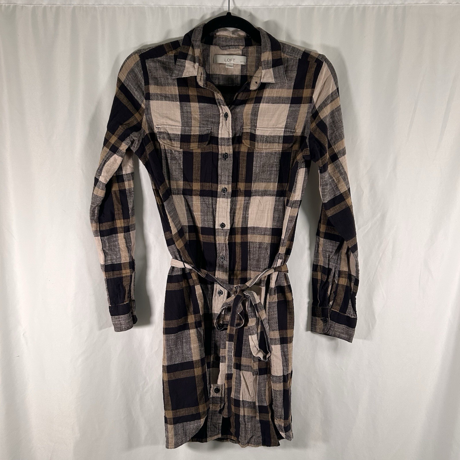 LOFT Knee Length Dress Women’s Small Petite Brown Blue Plaid Button Up Tie Waist
