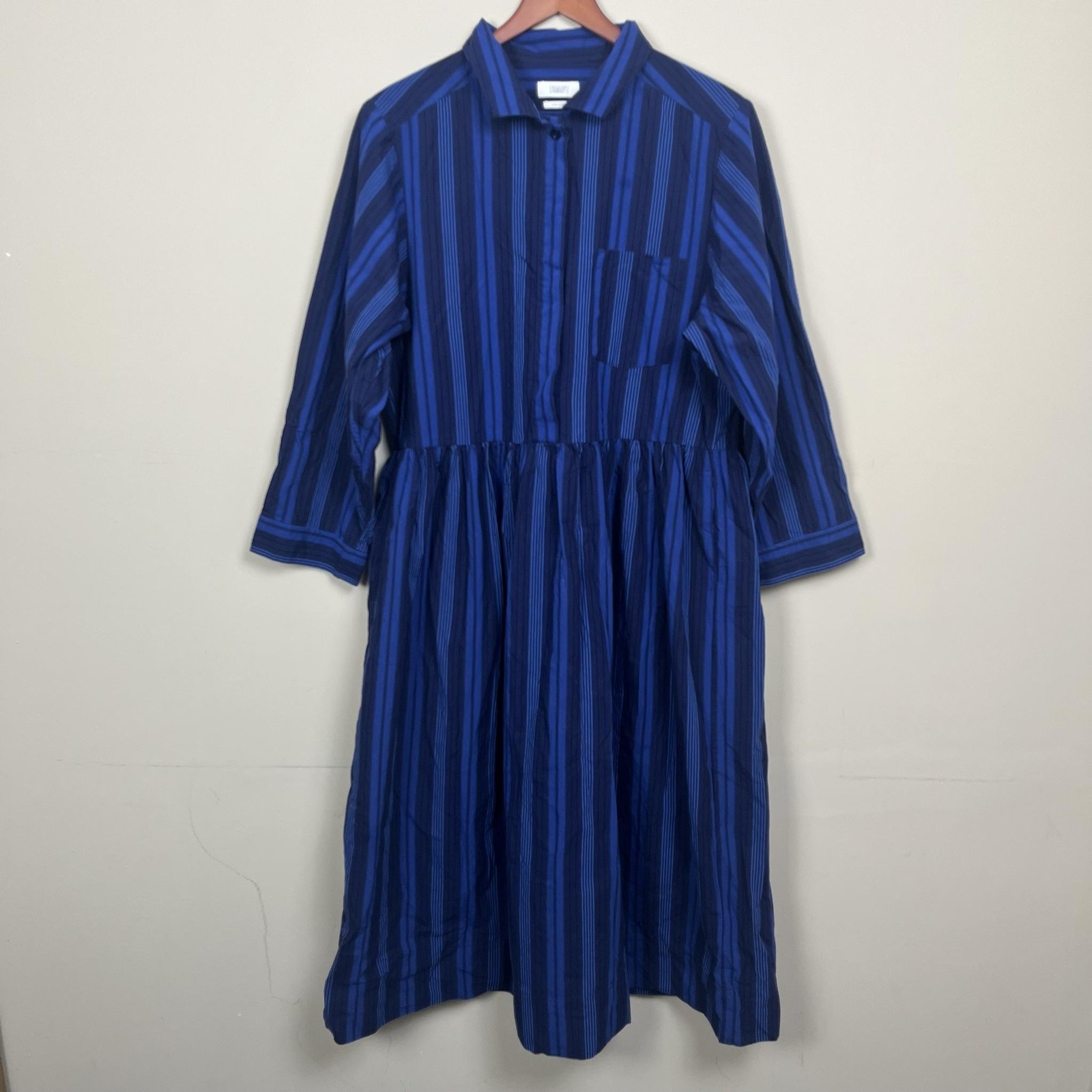 Toast Dress Women 14 Royal Blue Striped Poplin Shirt Midi Cotton Pockets WDRVS59