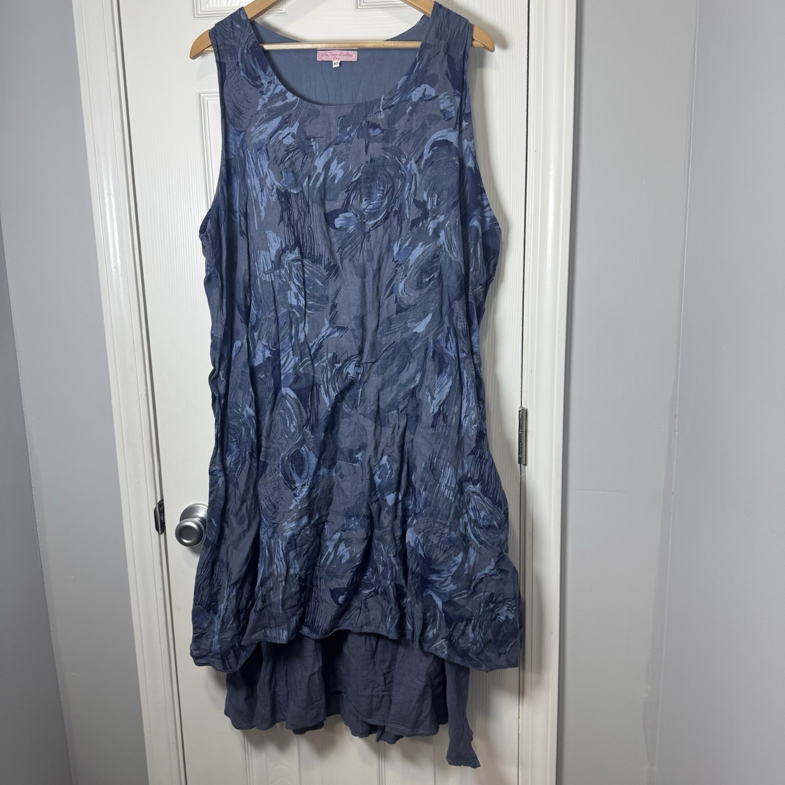 Lin Pour L’autre Paris Linen Dress Eu 52 20/22 2x Xxl Blue Floral Lagenlook Boho