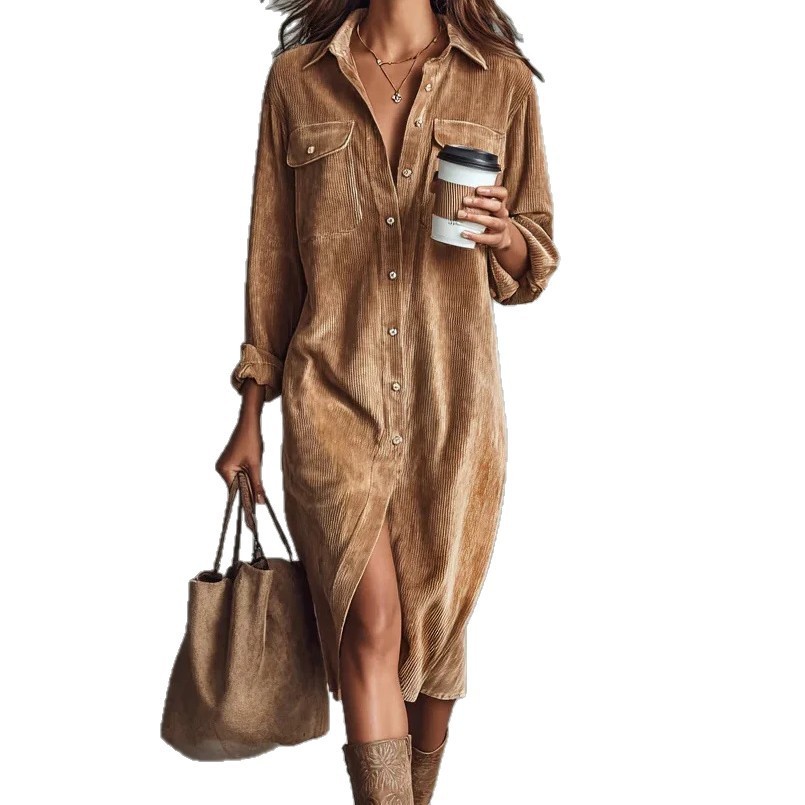 Turn-Down Collar Buttons Chic Casual Dress, Women Spring Autumn Solid Simple Par