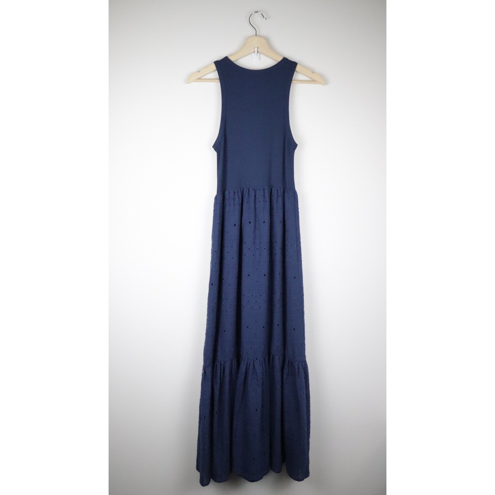 Desigual Long Embroidered Combination Dress Small Navy Blue Maxi Eyelet