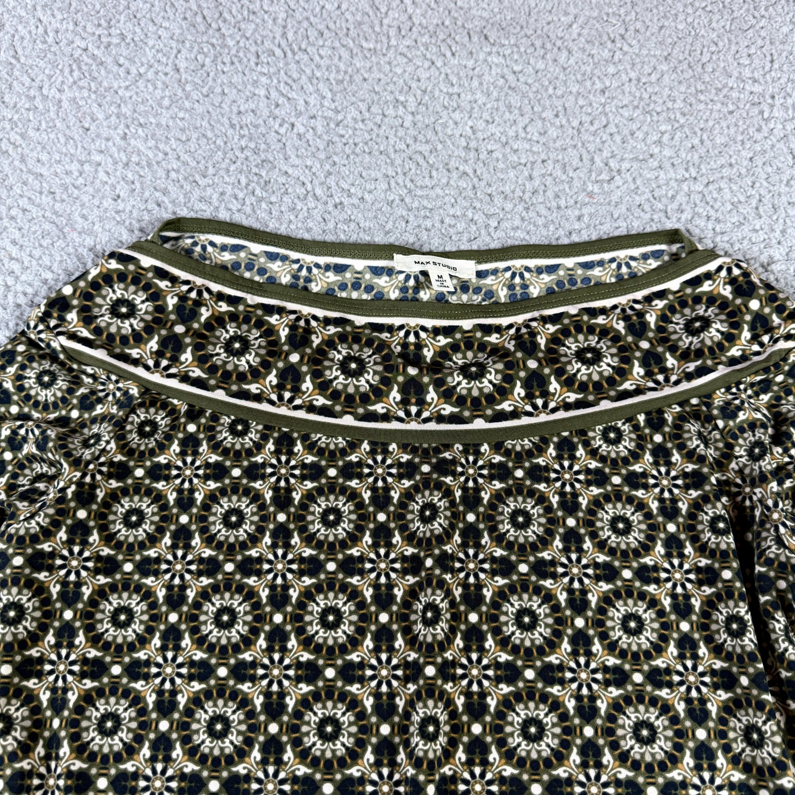 Max Studio Brown Black Size M Medallion Floral Boho Boat Neck Knee Length Dress