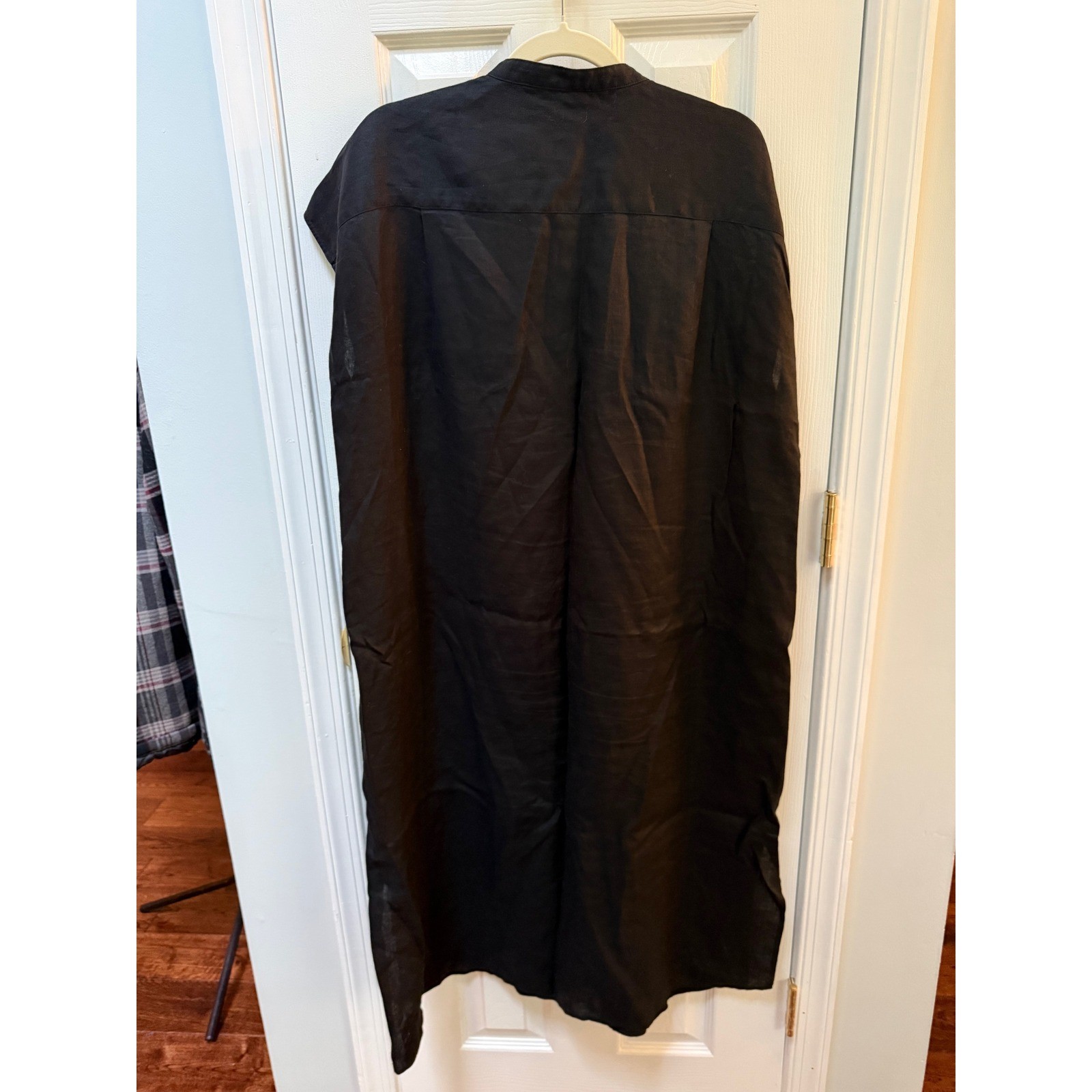 Black 100% Linen Sleeveless Button Down Shirt Midi Dress 39Slit M/L Pockets M-L