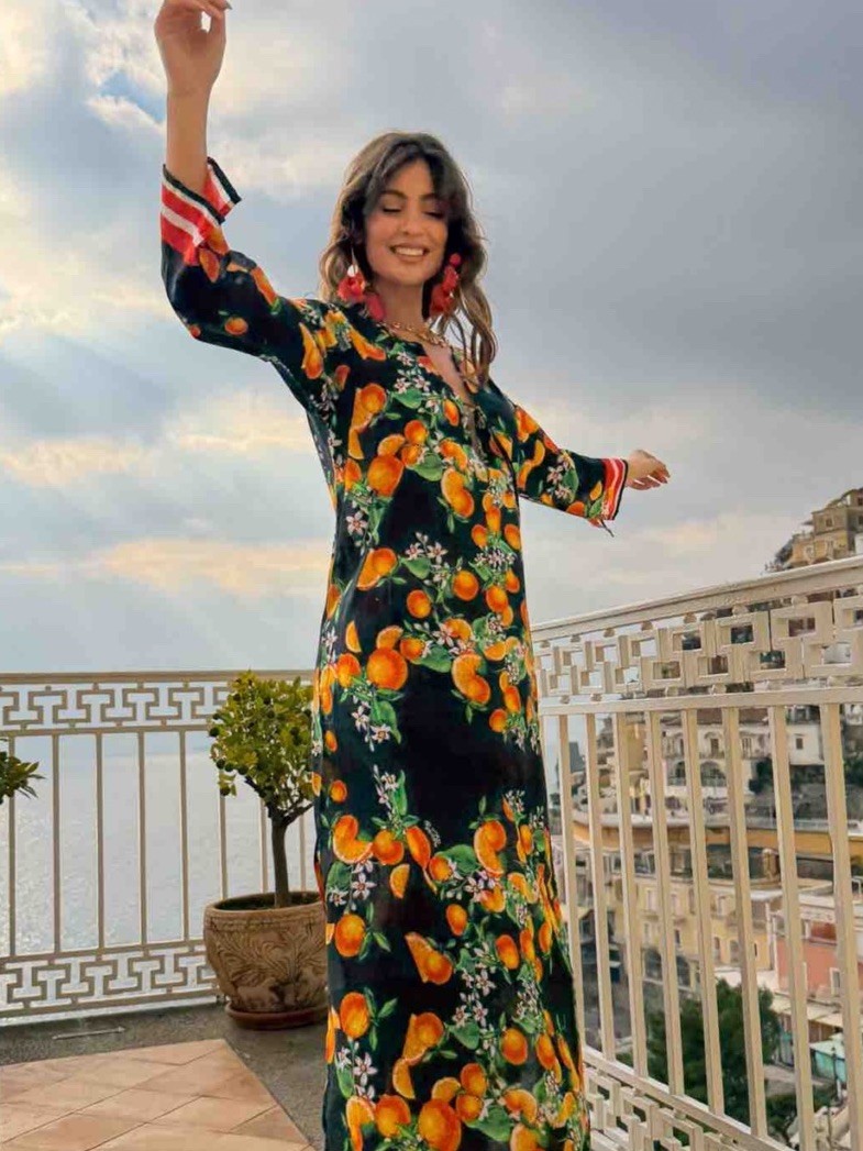Antica Sartoria 2026 Black 🍊 Orange Flower Kaftan Dress S/M NWT