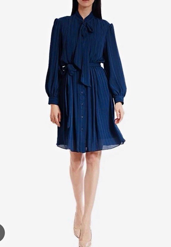 Julia Jordan Navy Chiffon Tie Neck Belted A-Line Knee Dress Long Sleeve L