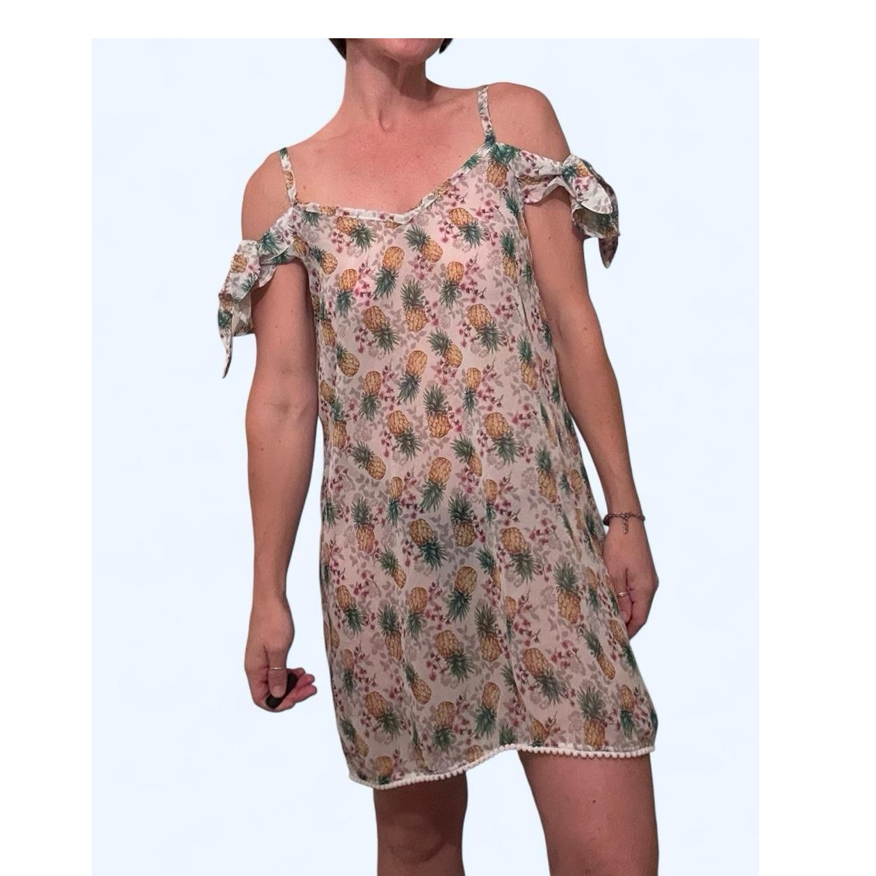 Miken Swim Mult Tropical Floral Cold Shoulder Mini Dress V-Neck Bow Short Sleeve