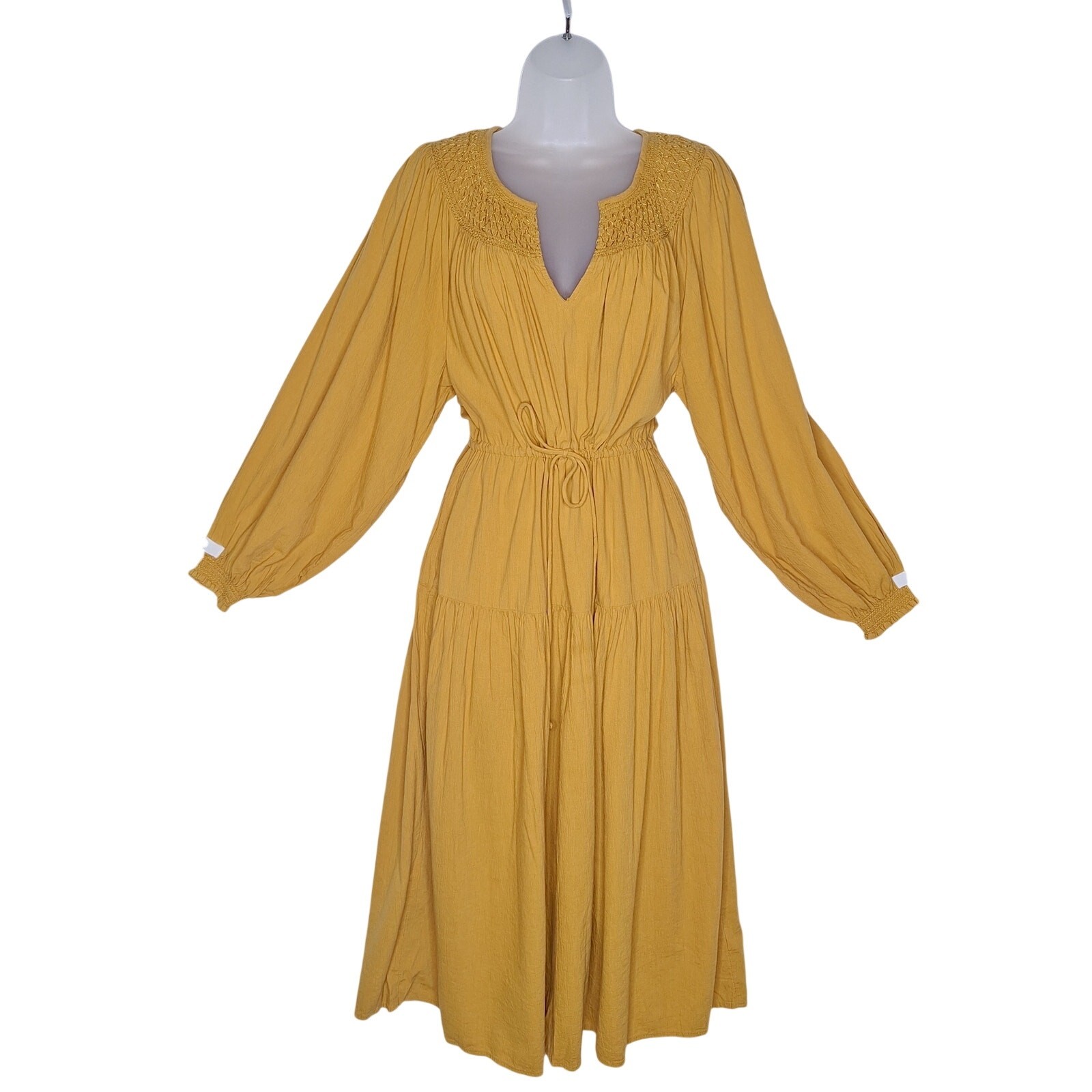 Old Navy Cinch Waist Prairie Dress Celandin M Cotton Blend Mustard Boho Peasant
