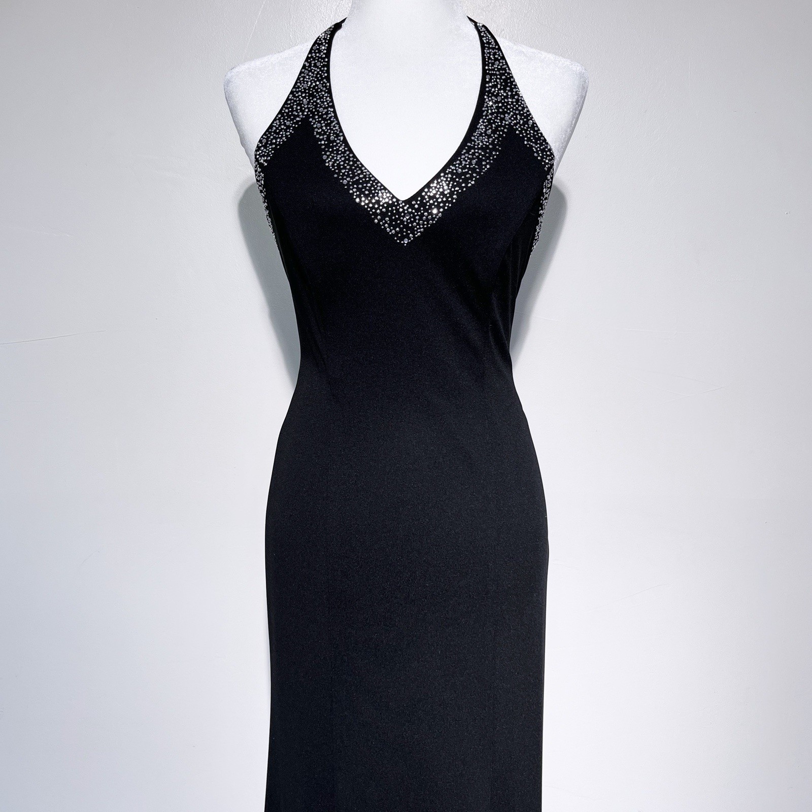 Vintage 90s Blondie Nites Black & Silver Bedazzle Halter Lace Up Back Maxi Dress