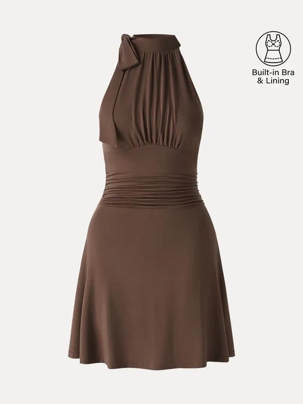 OGL MilkyTender Milky Matte Mockneck Bow Tie Ruched Mini Bra Dress