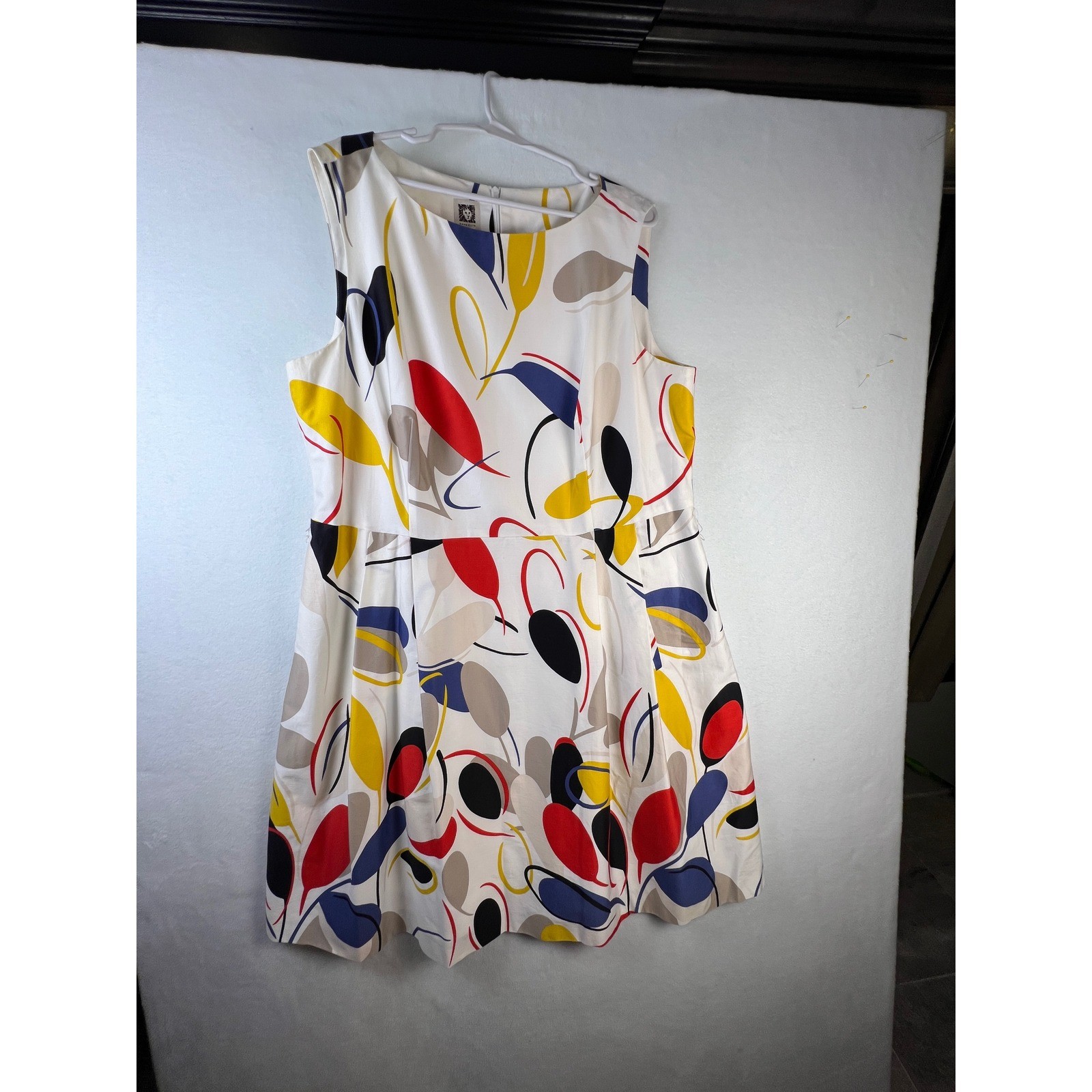 Anne Klein Women 18W Abstract Leaf Print Fit Flare Dress White Red Yellow Blue