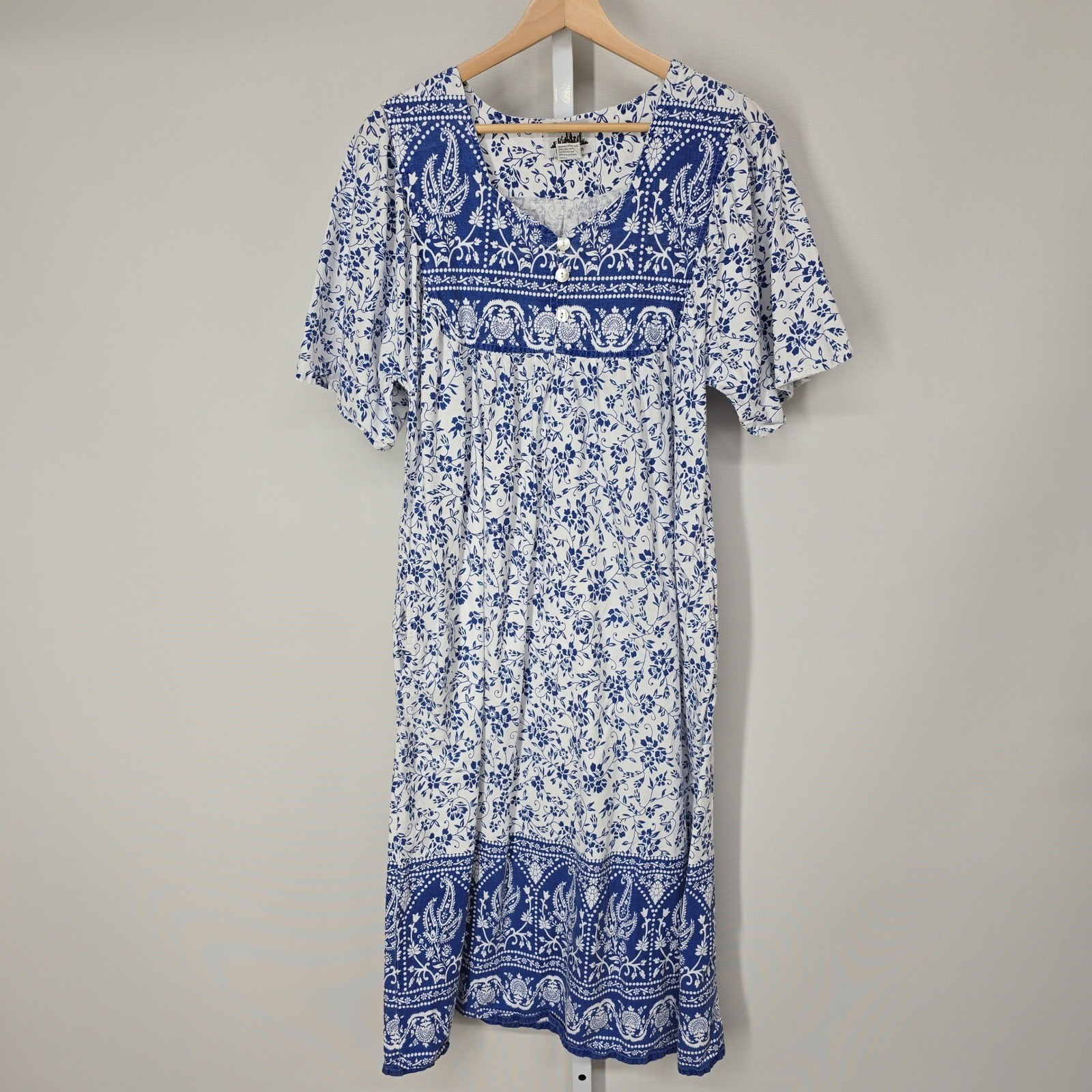 Metropolitan Blue White Floral Paisley Cotton Muu Muu House Dress Womens Medium