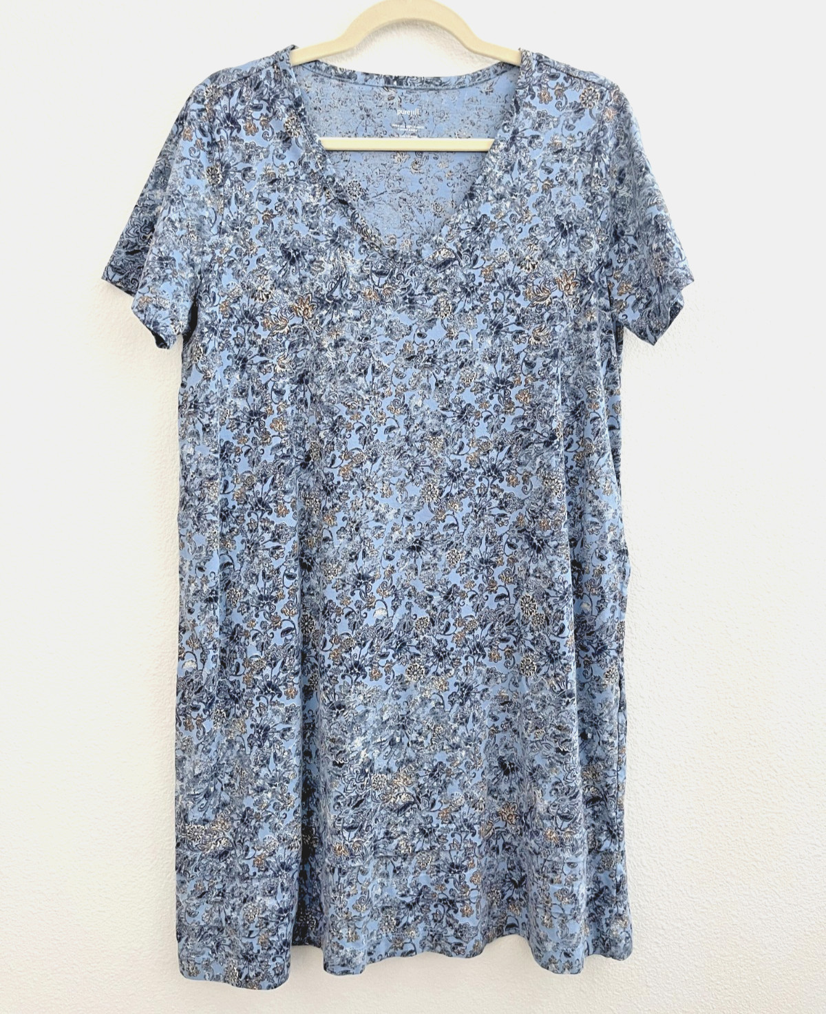 Pure Jill V-Neck T-Shirt Dress Size Medium Blue 100% Cotton Knit Short Sleeve